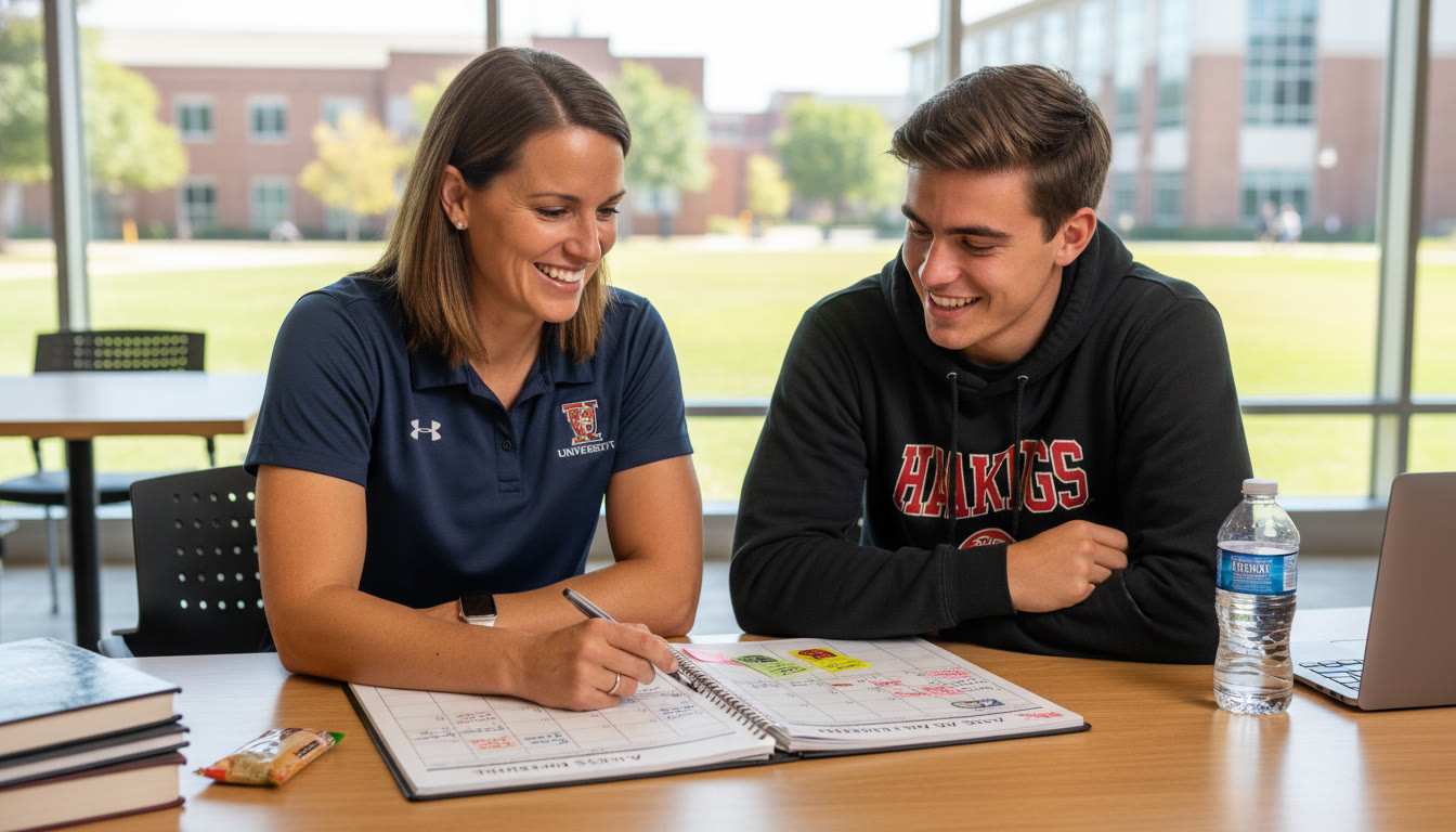 Photo Idea : A coach and student sitting together with a planner open, pointing at a calendar—visualizes collaboration between athletic and academic planning.