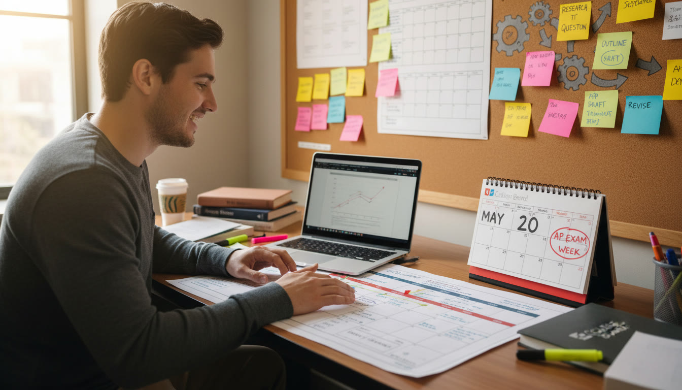 Photo Idea : Student at a desk with a laptop, a printed timeline template, sticky notes on a wall, and a calendar open — showing the organized chaos of an authentic project planning session.