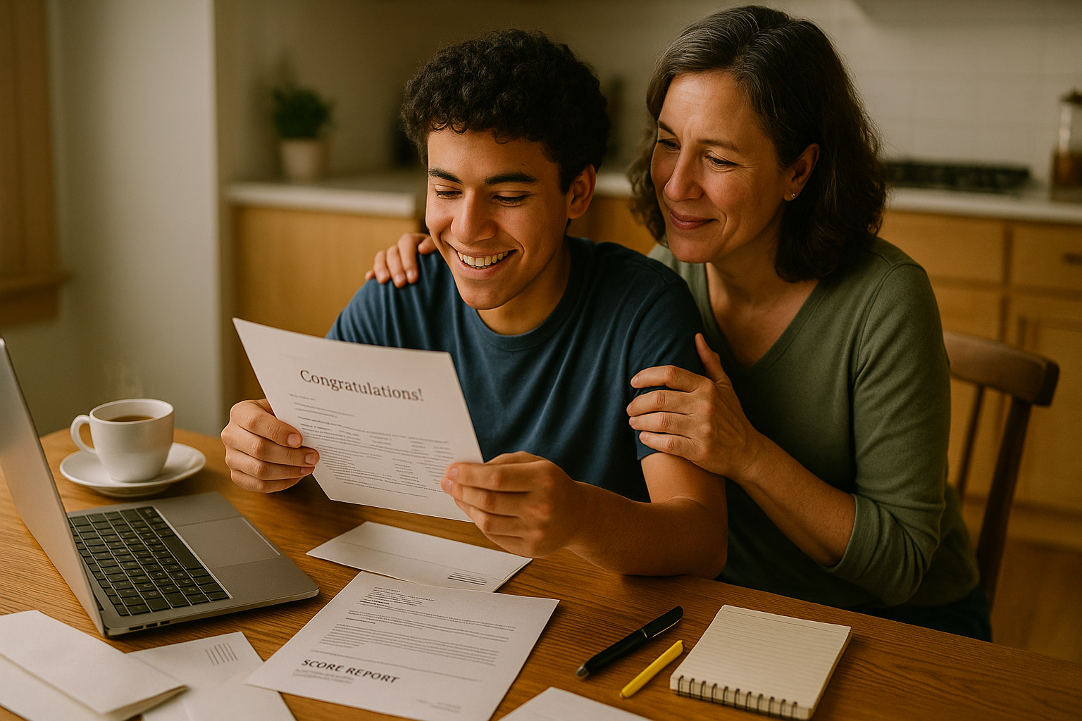 Photo Idea : A candid image of a high school student and parent reviewing college acceptance letters and score reports at a kitchen table, laptop open, a cup of tea beside them — warm, hopeful, practical.
