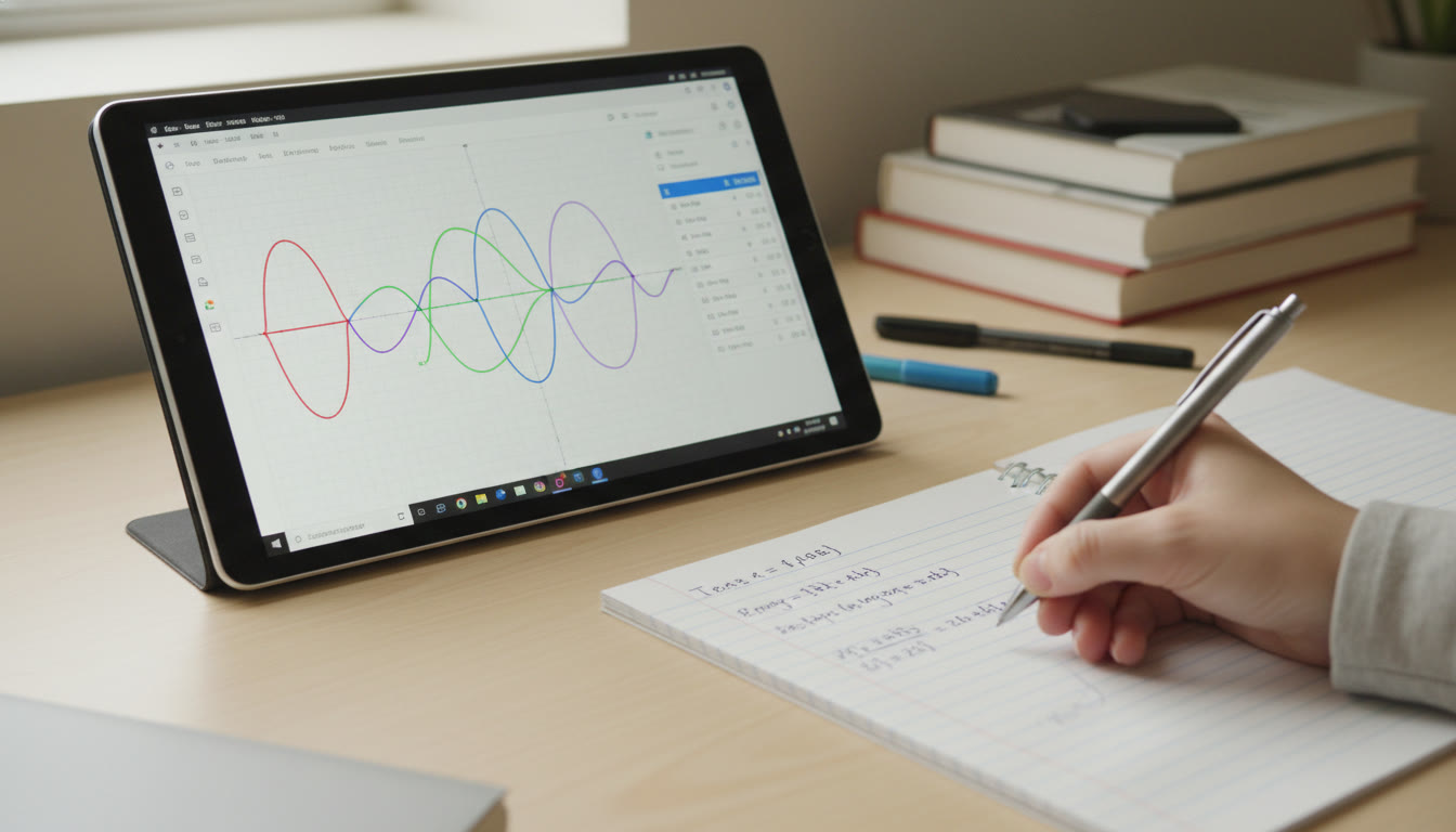 Photo Idea : Close-up of a tablet screen showing a Desmos graph with multiple colored functions and an open table, with a hand writing a quick note on paper beside it — emphasizes the paper-plus-Desmos hybrid workflow.