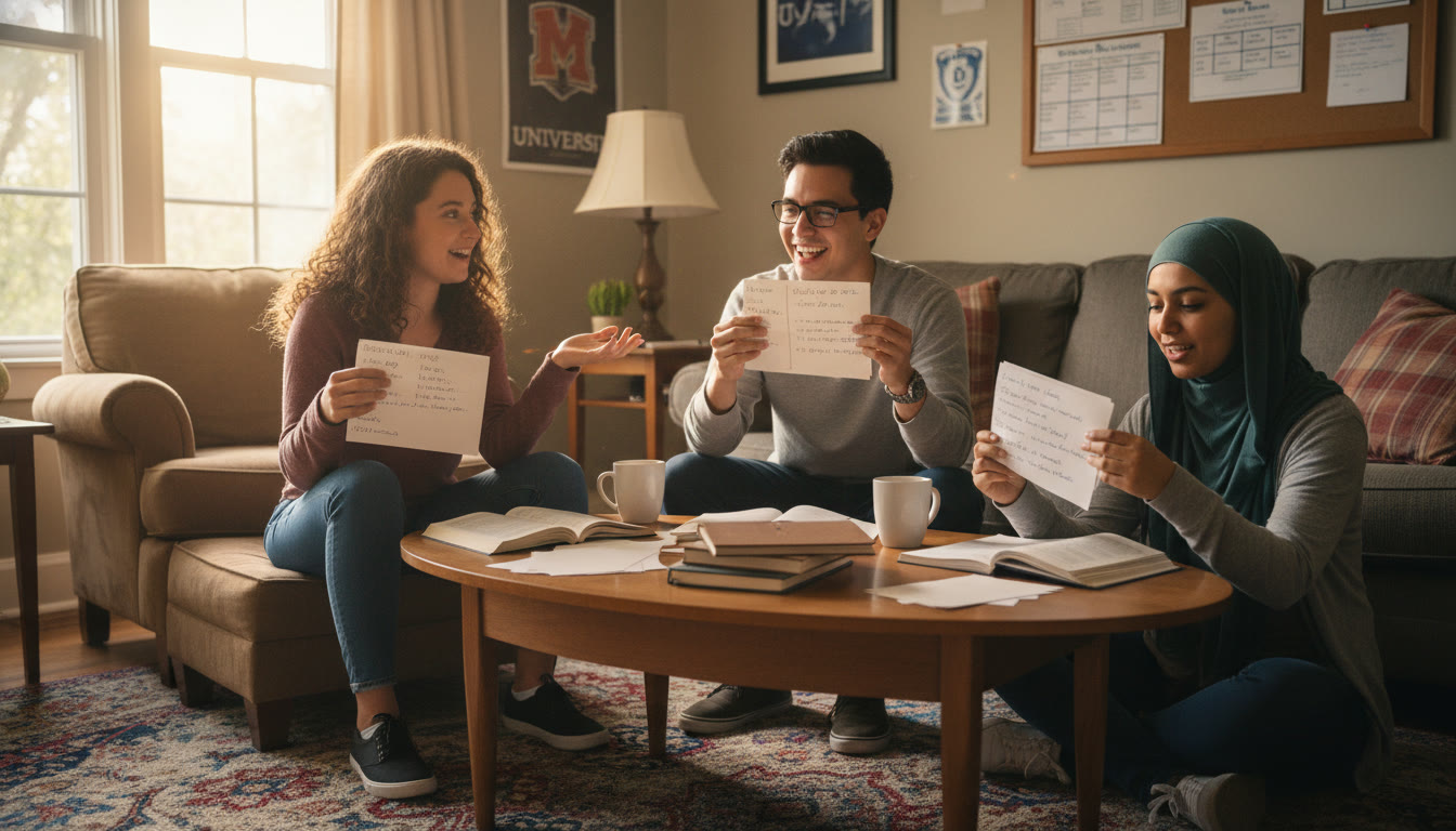 Photo Idea : A small group of students in a casual living room setting practicing speed debates with note cards and friendly expressions, capturing the social and supportive nature of peer practice.