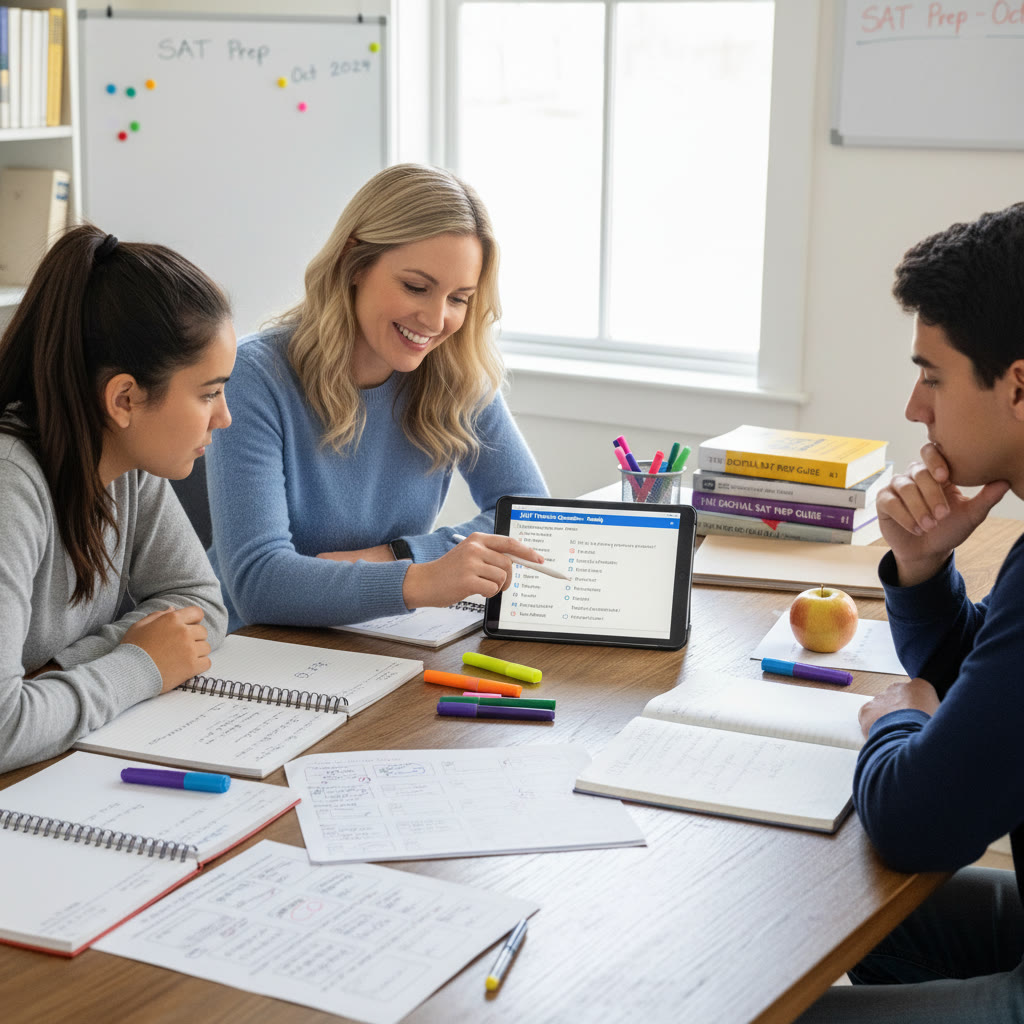Photo Idea : A small group session with a tutor and a student discussing a practice Digital SAT question on a tablet; notebooks and annotated problem sets are visible.