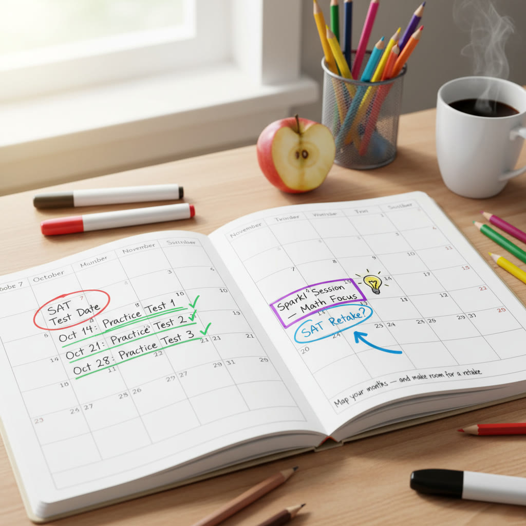 Photo idea: A calendar spread showing test date circled, practice-test dates, and a tutoring session booked with a note: 
