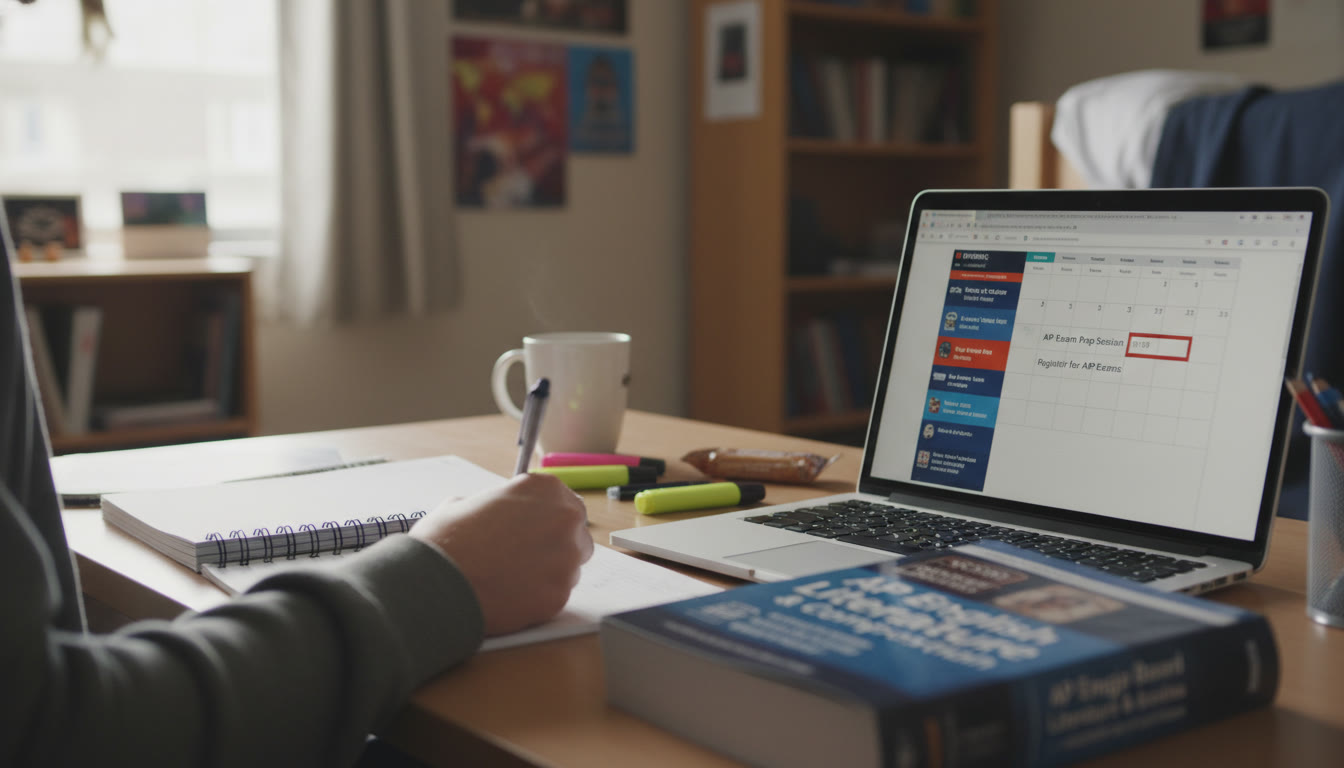 Photo Idea : A close-up of a student’s hand taking notes next to an AP prep book and a laptop with a calendar booking on screen, suggesting the act of scheduling and preparedness.