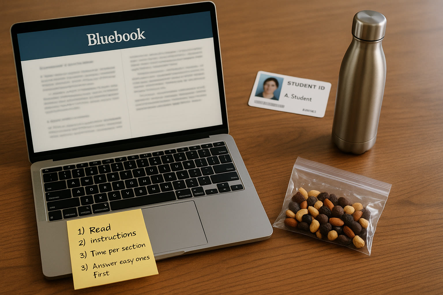 Photo Idea : A calm, orderly test kit laid out on a table: laptop with Bluebook open, ID card, water bottle, a small bag of trail mix, and a sticky note with three strategy reminders.