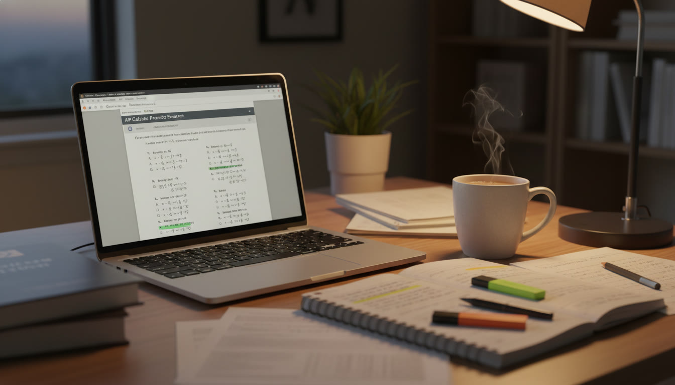 Photo Idea : A close-up of a study desk at dusk with a laptop showing a practice AP exam on-screen, a notebook with highlighted notes, and a cup of chai — an intimate scene of steady, composed preparation.