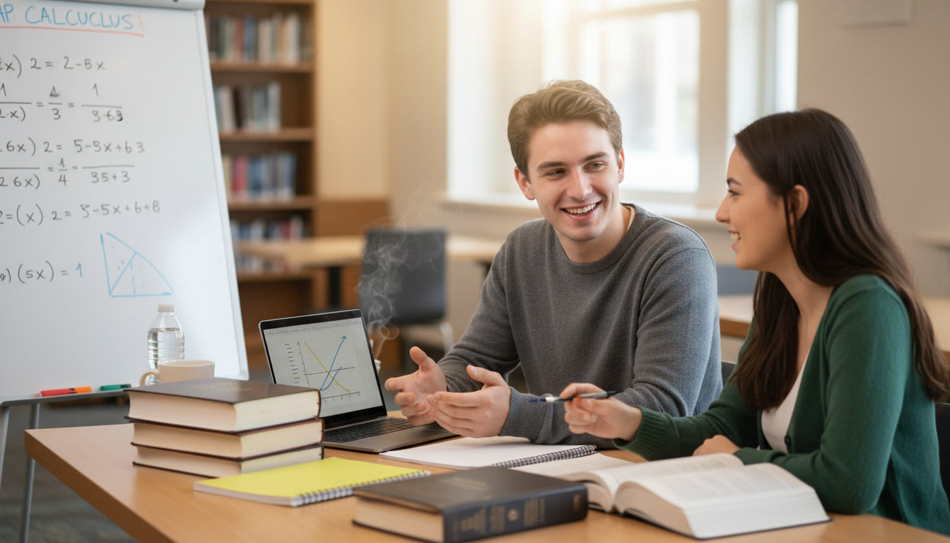Photo Idea : A warm, engaged tutoring scene — a student and a tutor sitting at a table with textbooks and a laptop, a whiteboard nearby with a problem worked out. This image would fit in the section about personalized tutoring and visualization of study strategies.