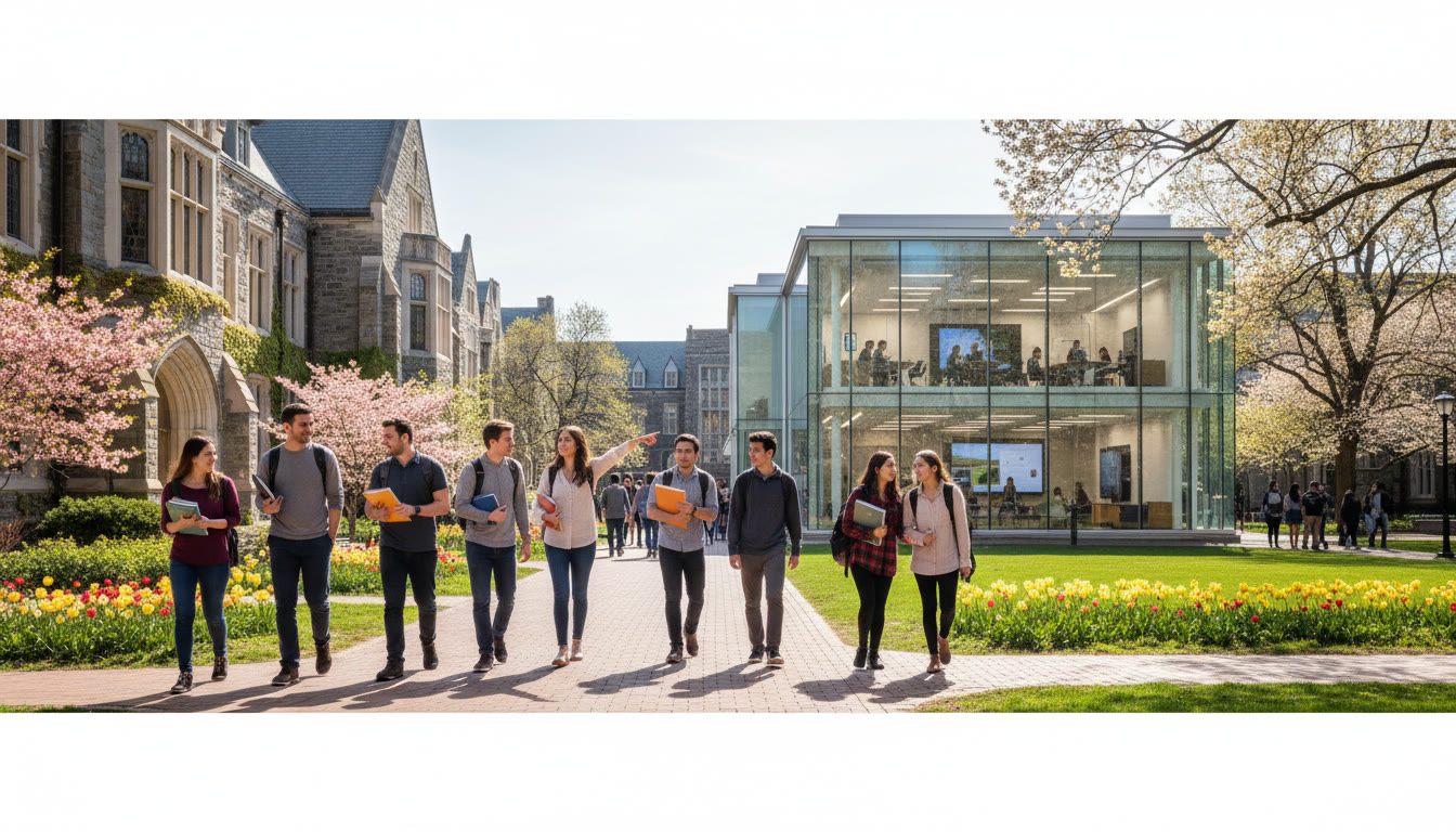 Photo Idea : A Penn campus scene with students walking between historic buildings and a modern classroom background. This image works well midway through the post when discussing how AP placement affects real student pathways and campus opportunities.