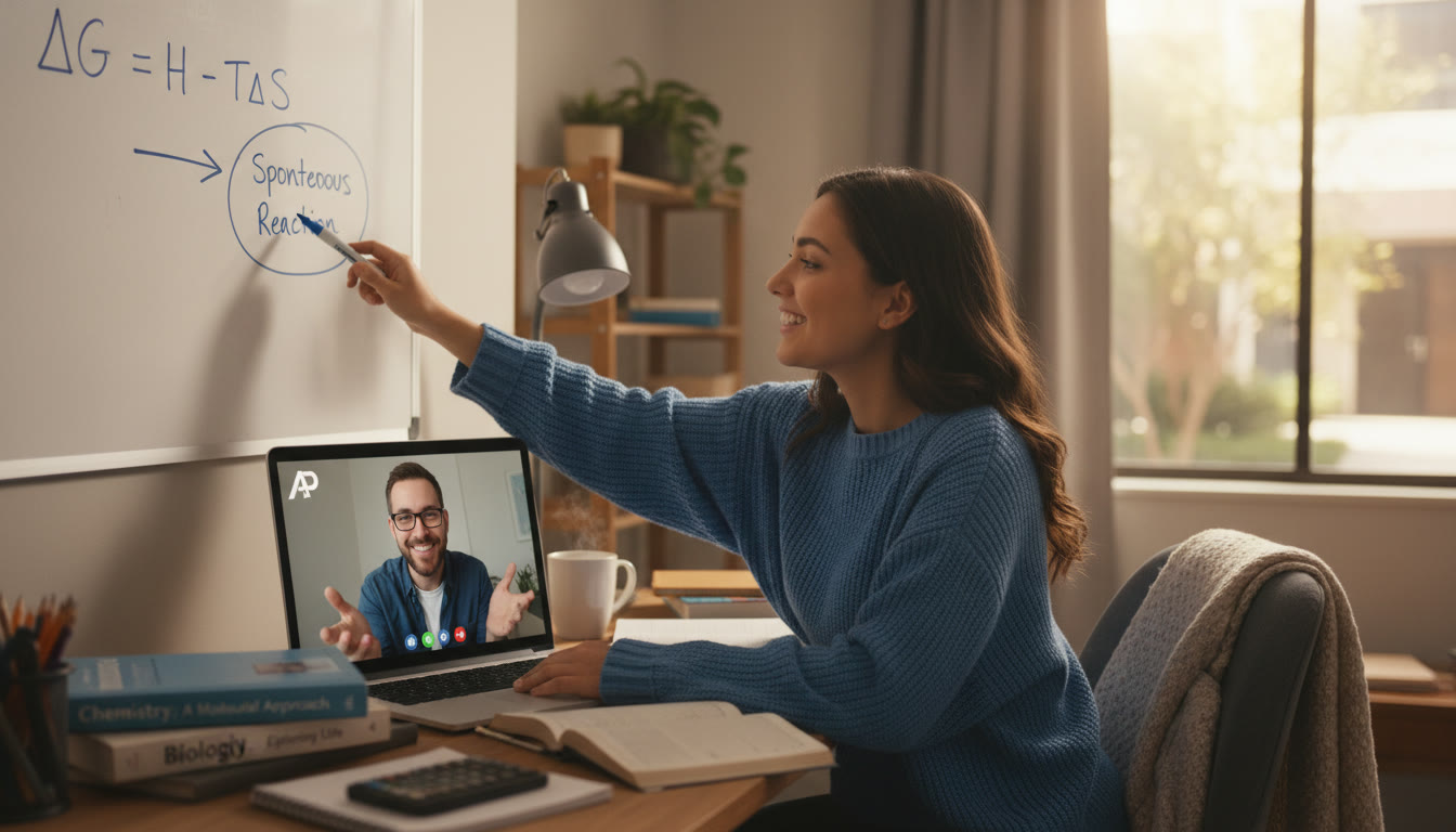 Photo Idea : A cozy study scene with a tutor video call on a laptop, a student pointing at a whiteboard with a ΔG equation, and textbooks open — a visual hint at tailored 1-on-1 guidance that enhances conceptual learning.