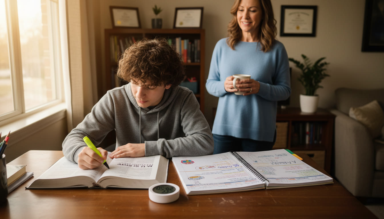 Photo Idea : A late-afternoon scene of a teen studying at a desk with a tidy planner, a small timer, and a notebook open. A parent stands nearby with a supportive smile—conveying calm involvement rather than policing.