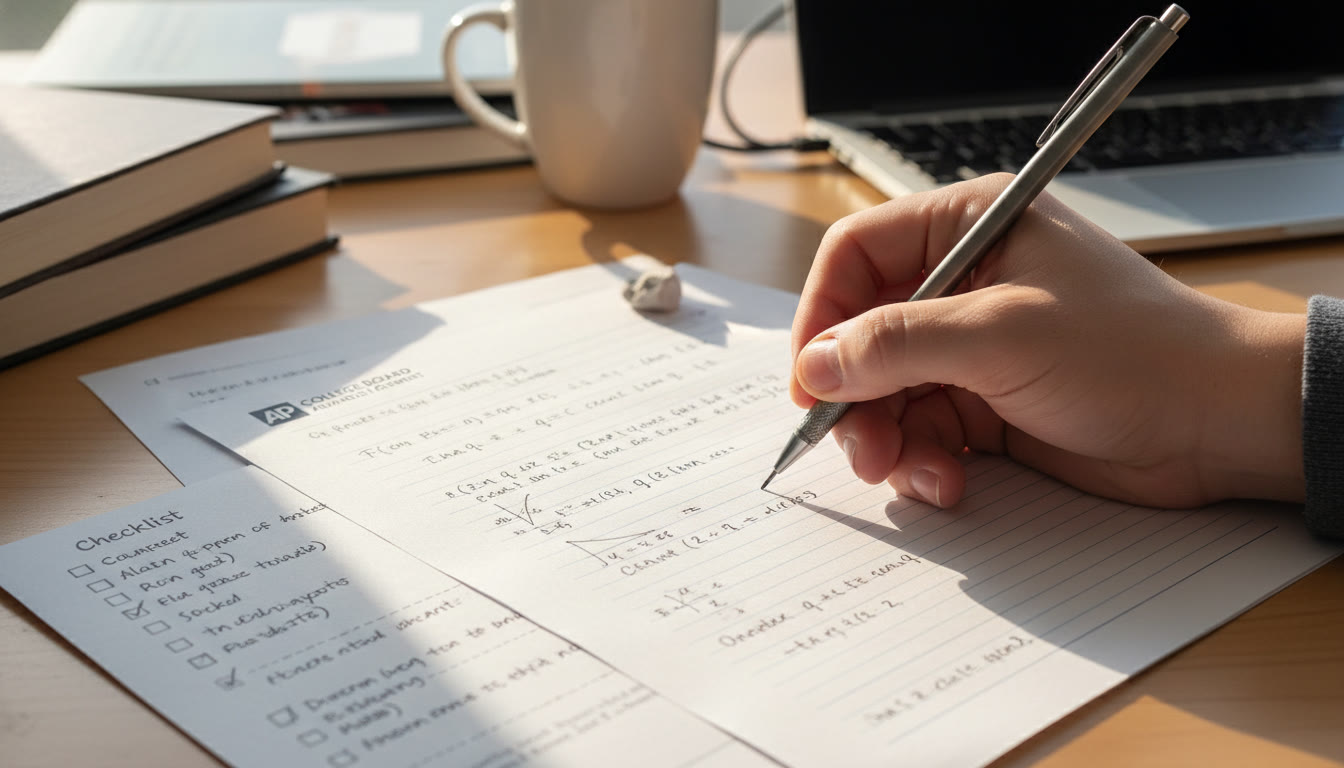 Photo Idea : Close-up of a studentโs hand annotating an FRQ-style response on paper with a checklist beside it โ suggests focused exam practice and self-assessment.