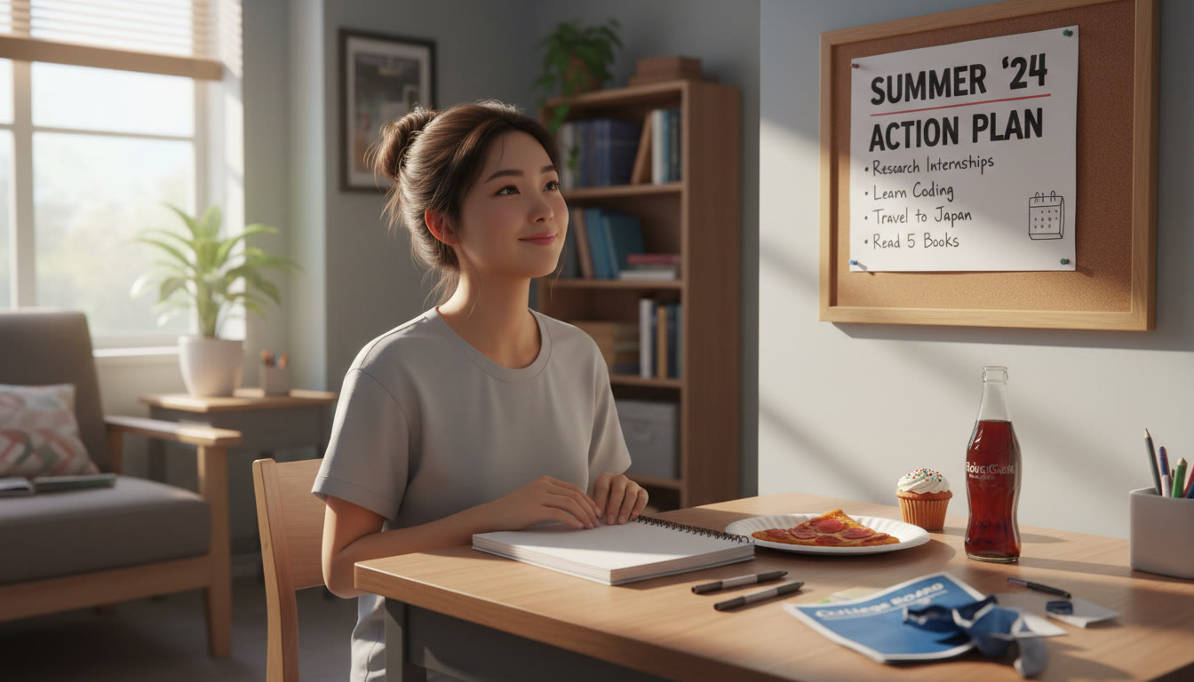 Photo Idea : A calm post‑exam scene: a student closing a notebook with a subtle smile, small celebratory items on the desk, and a visible one‑page action plan pinned to the wall — symbolizes completion and forward planning.