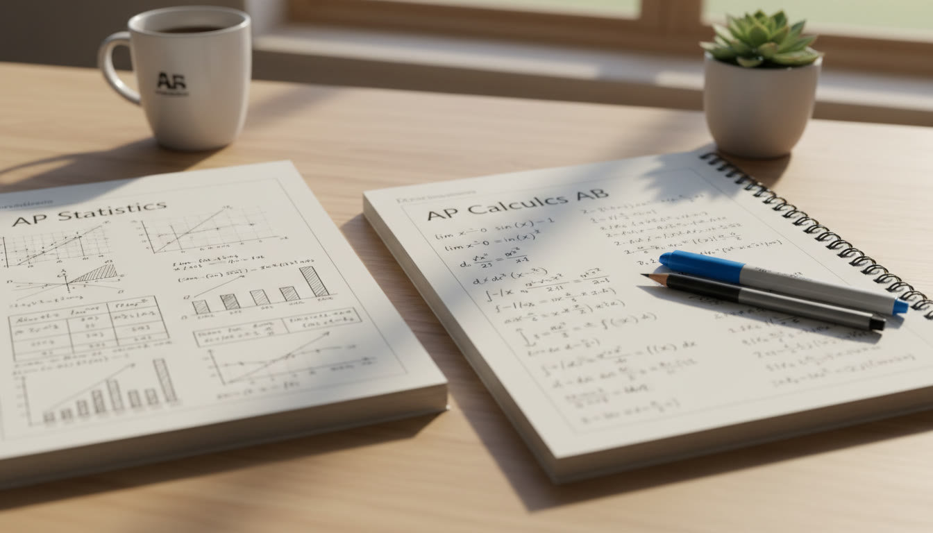 Photo Idea : A bright study scene with two open notebooks side-by-side—one page filled with graphs and data tables (Statistics), the other with limits and derivatives written in a flowing script (Calculus).