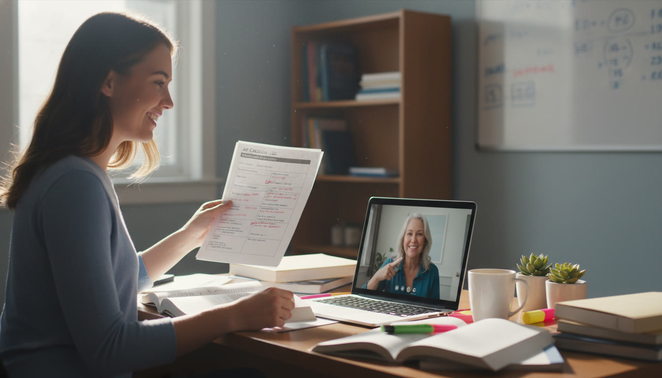 Photo Idea : A student reviewing marked practice exam pages with a tutor via video call—suggests combining solo work with occasional expert feedback.
