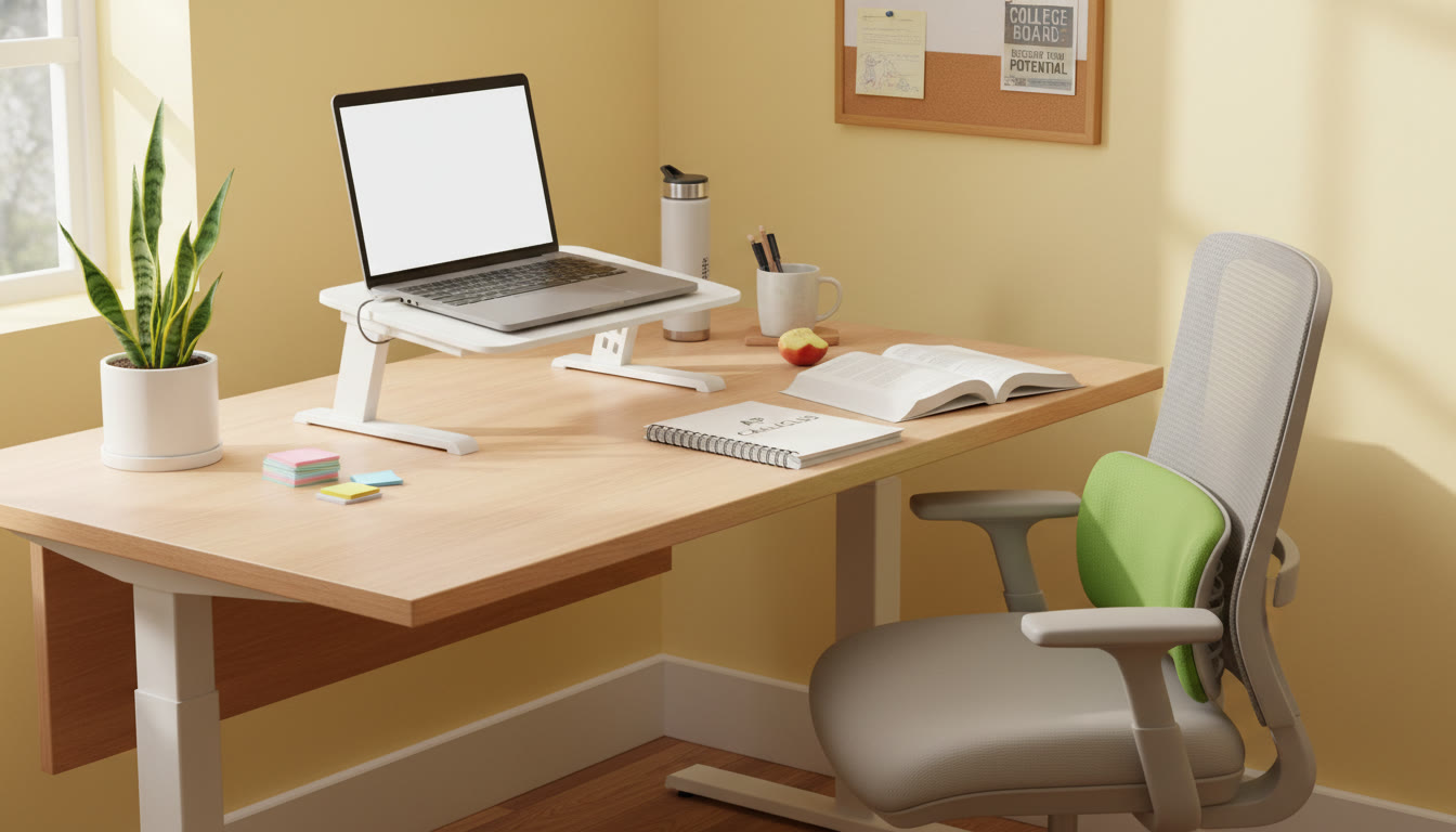 Photo Idea : A bright, student-friendly study corner showing a laptop on a riser, an ergonomic chair with lumbar support, and a small plant—capturing a balanced, comfortable setup.