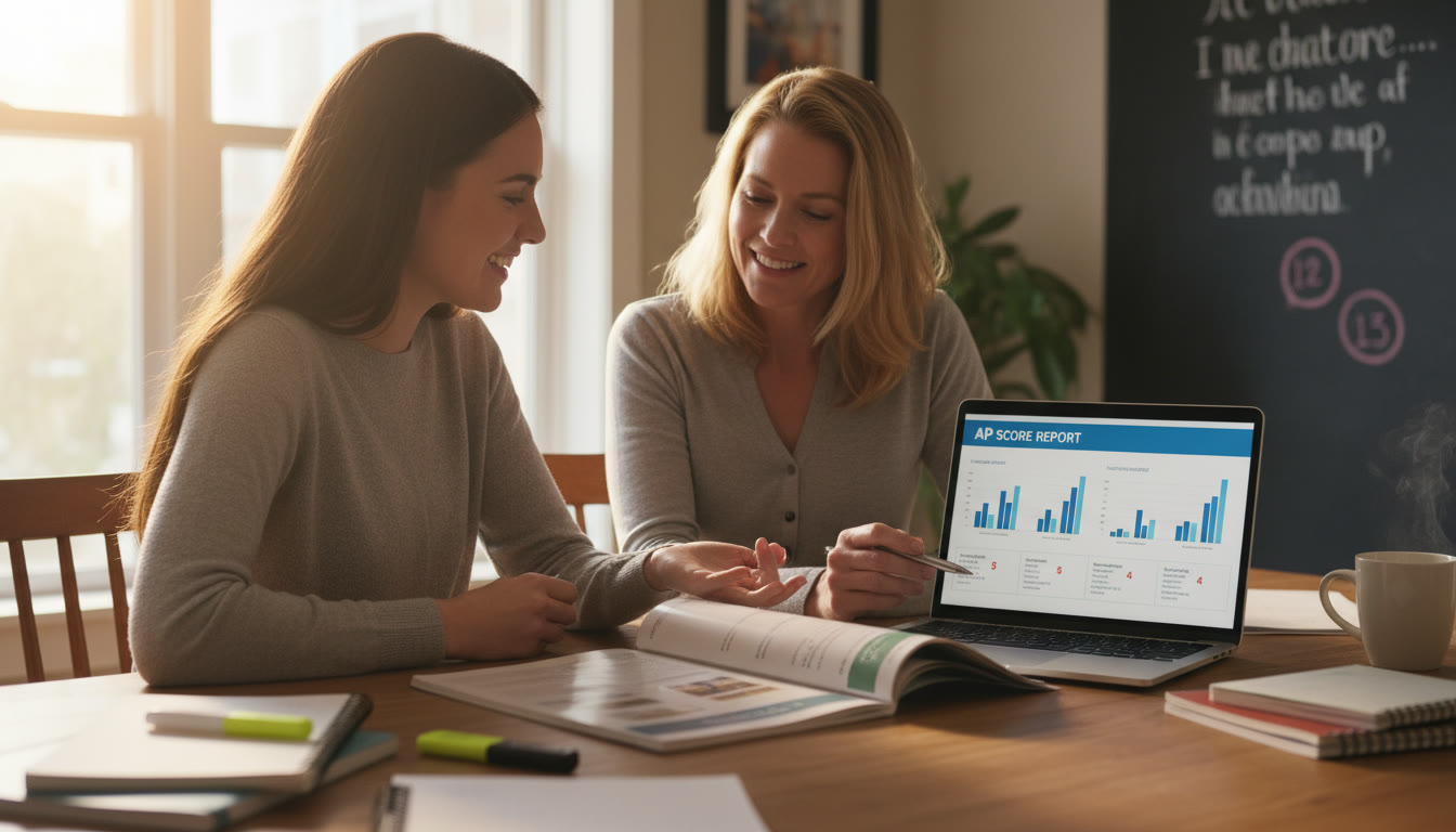 Photo Idea : A student and parent reviewing college credits and a course catalogue together at a kitchen table, with a laptop showing an AP score report in the background. — Use warm natural light to convey collaborative planning and clarity.
