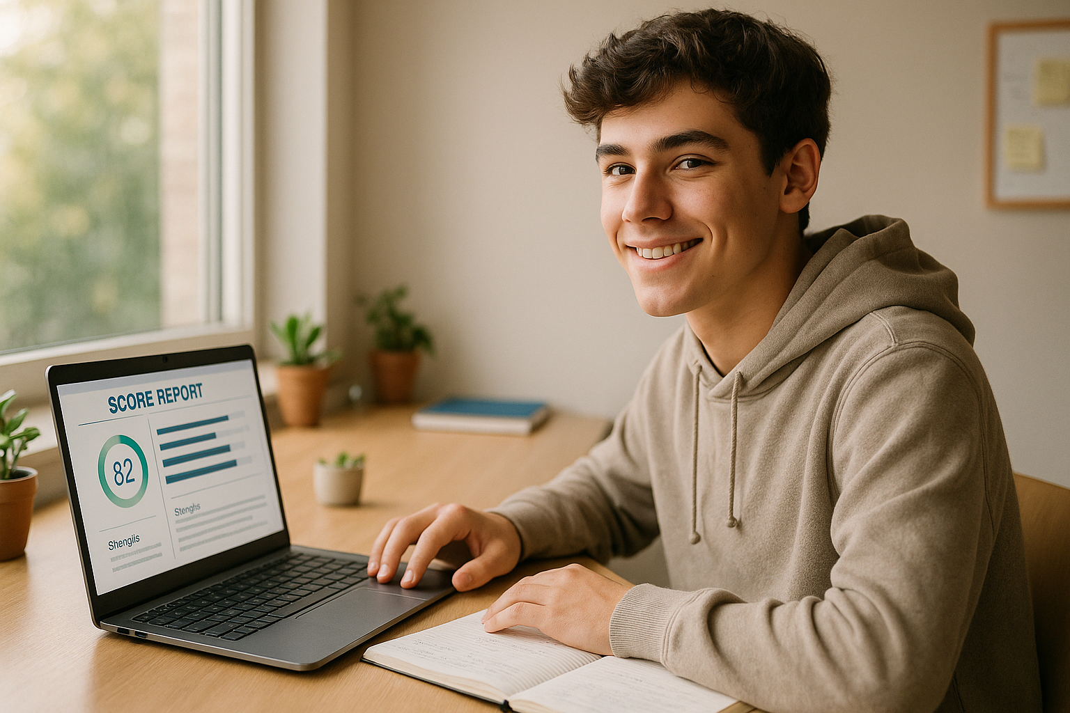Photo Idea : A high school student sitting at a windowed desk with a laptop and open notebook, smiling while reviewing a digital score report; natural light, calm atmosphere to convey confidence and planning.