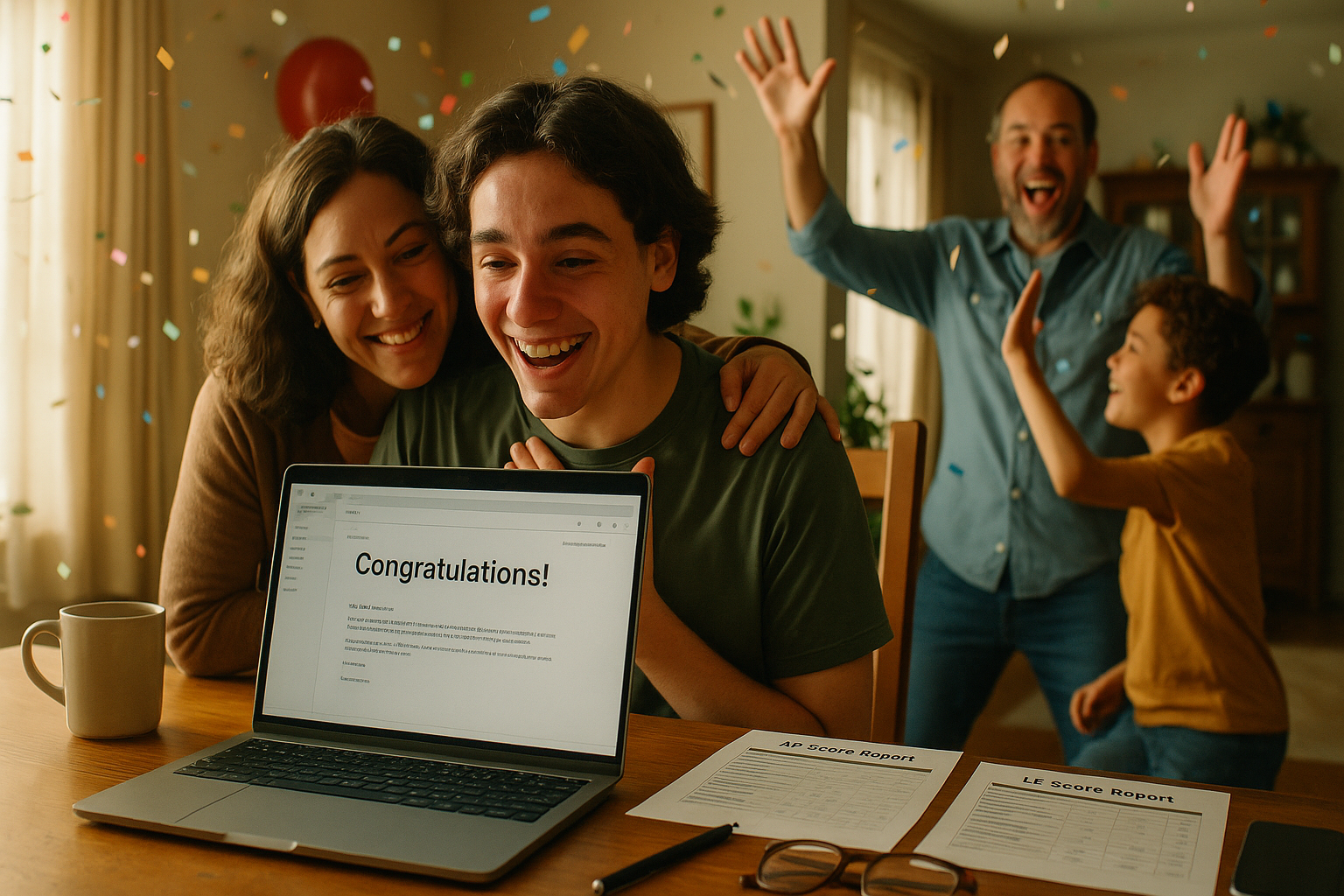 Photo Idea : A joyful college-acceptance scene: student opening an acceptance letter on a laptop, AP and IB score reports on the table, with family celebrating — natural, candid emotion.