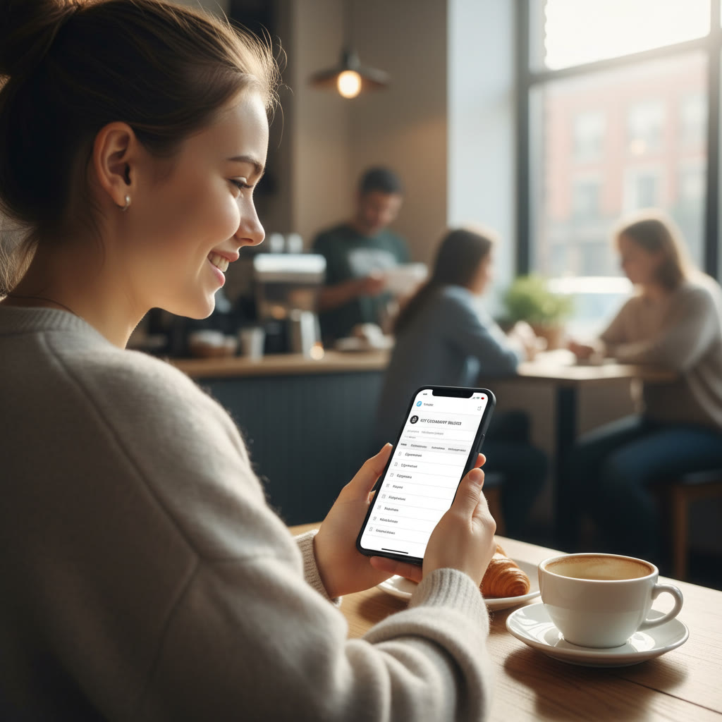 Photo idea: Student using a phone with Notion open to a vocabulary database, relaxed in a cafe