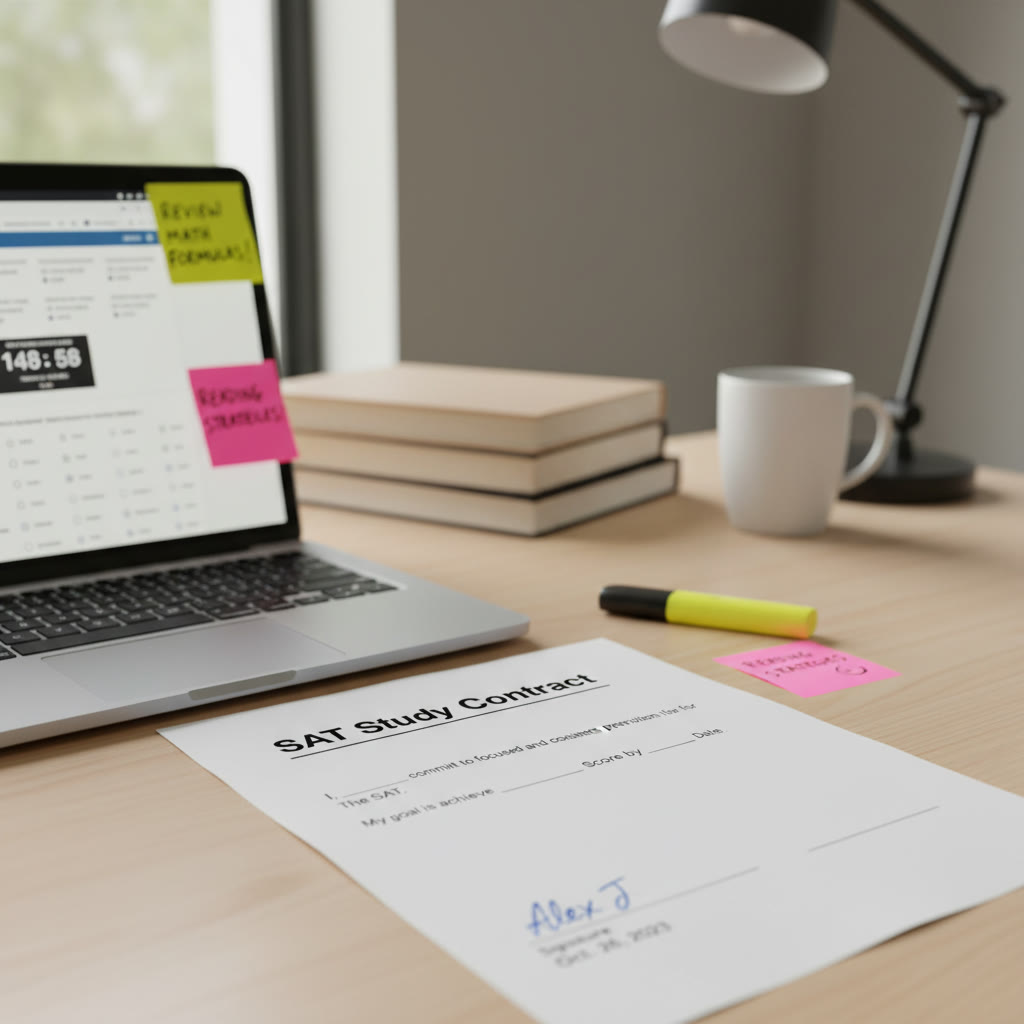 Photo idea: Close-up of a signed sheet labeled 'SAT Study Contract' next to a laptop showing a practice test; includes sticky notes and a highlighter.