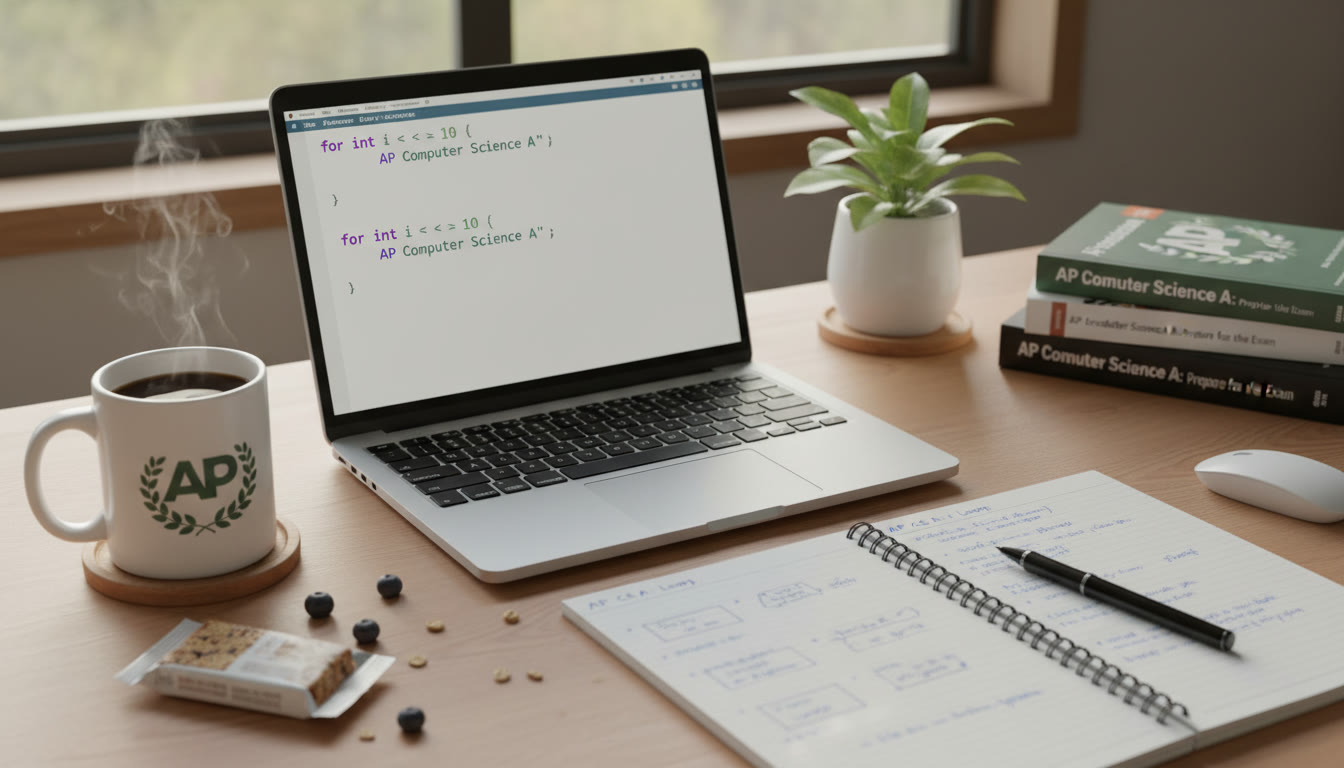 Photo Idea : A clean desk shot with a laptop screen showing Java code for a loop, a notepad with hand-written notes, and a coffee mug — evokes focused study.