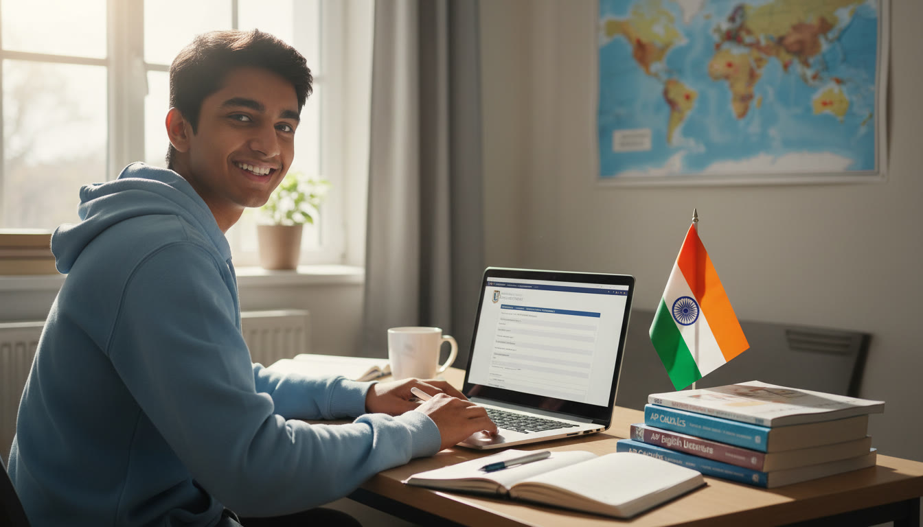 Photo Idea : A bright study scene of an Indian teen at a desk with AP textbooks, a laptop displaying a university application form, and a small India flag — conveys ambition and global readiness.