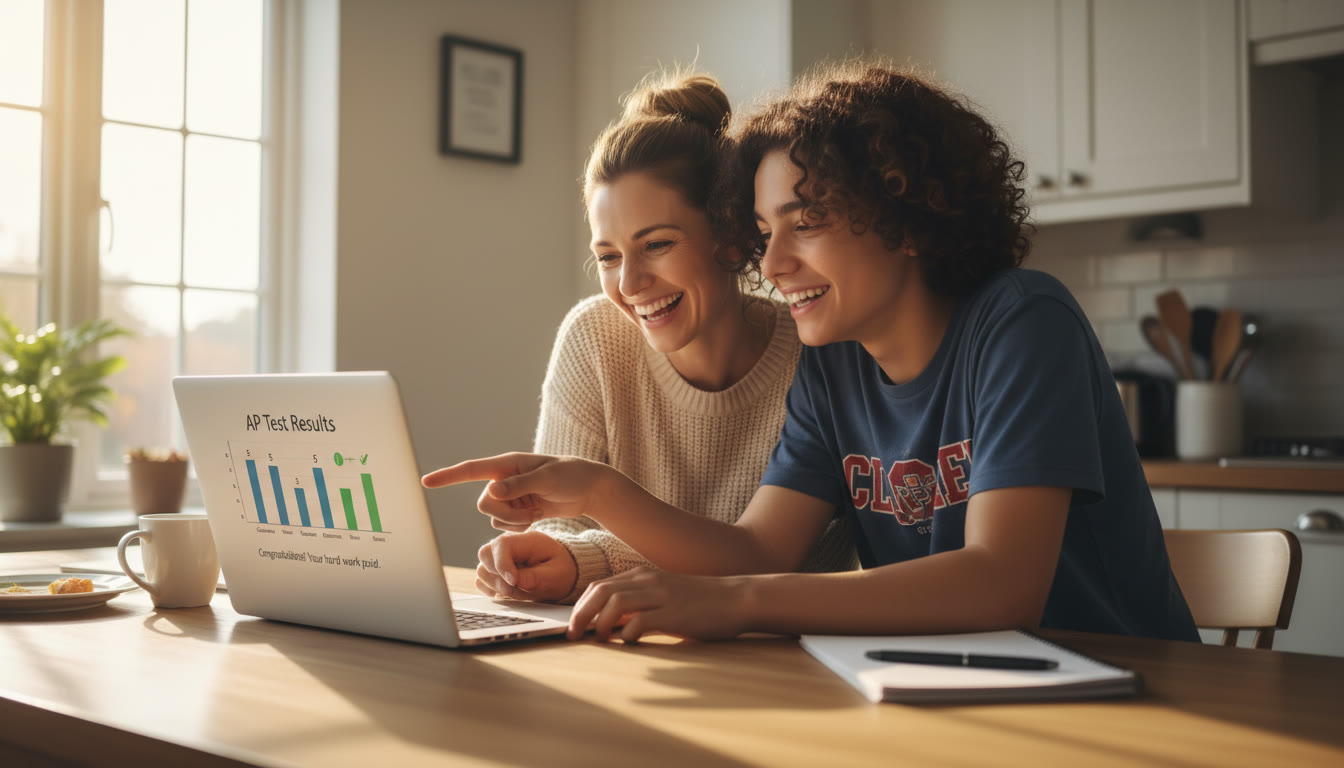 Photo Idea : A parent and teen looking at a laptop together, smiling and reviewing test results — warm natural light, kitchen table setting, conveys teamwork and calm decision-making.