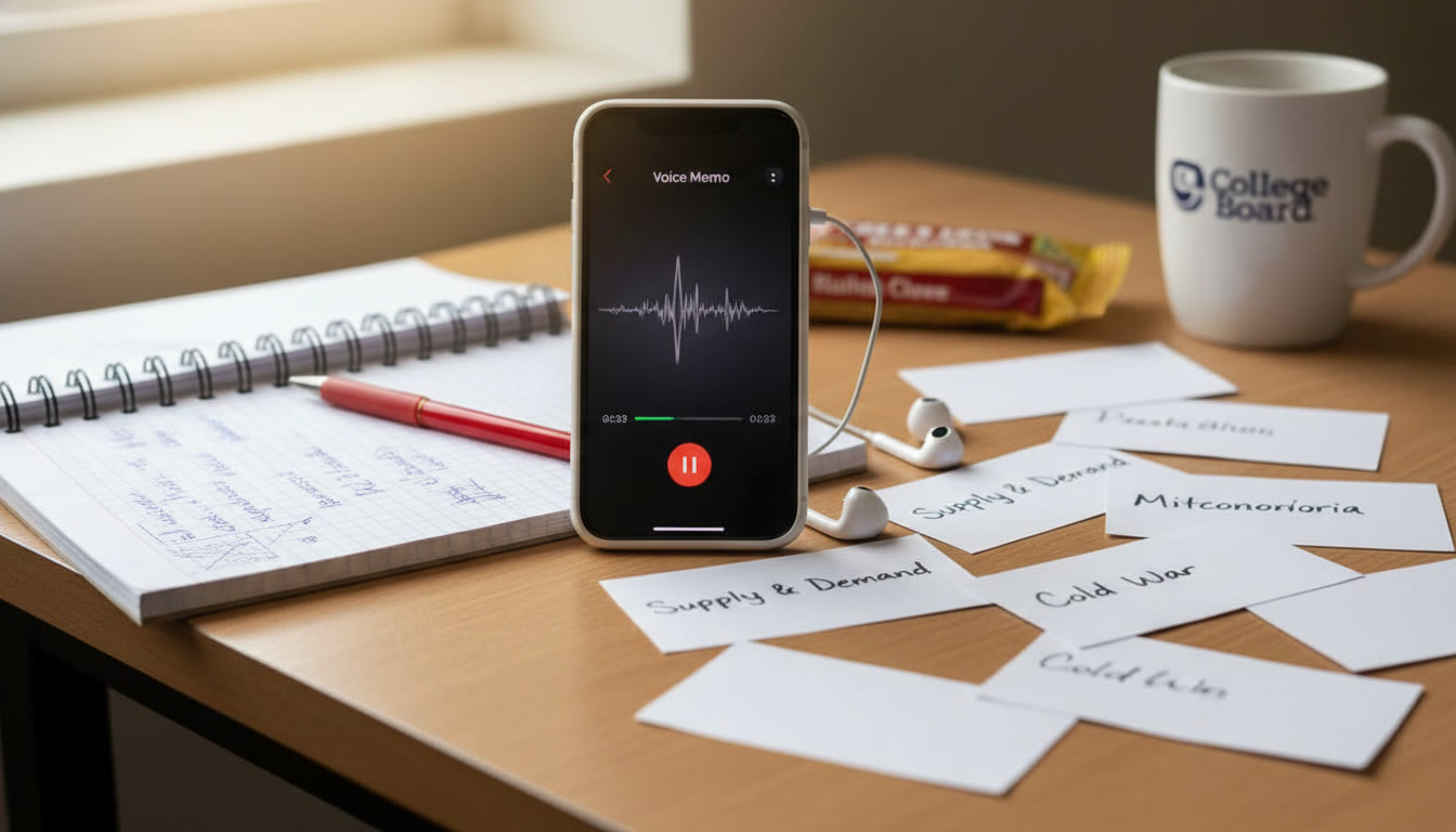 Photo Idea : Mid-article photo of a small desk with a spiral notebook, several flashcards laid out, and a phone showing a voice memo interface—evokes the cycle of recording, noting, and card-making.