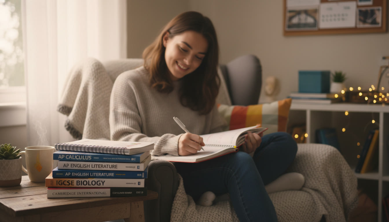 Photo Idea : A cozy study nook with a student writing in a planner, open AP and IGCSE textbooks stacked nearby—conveys planning and transition.