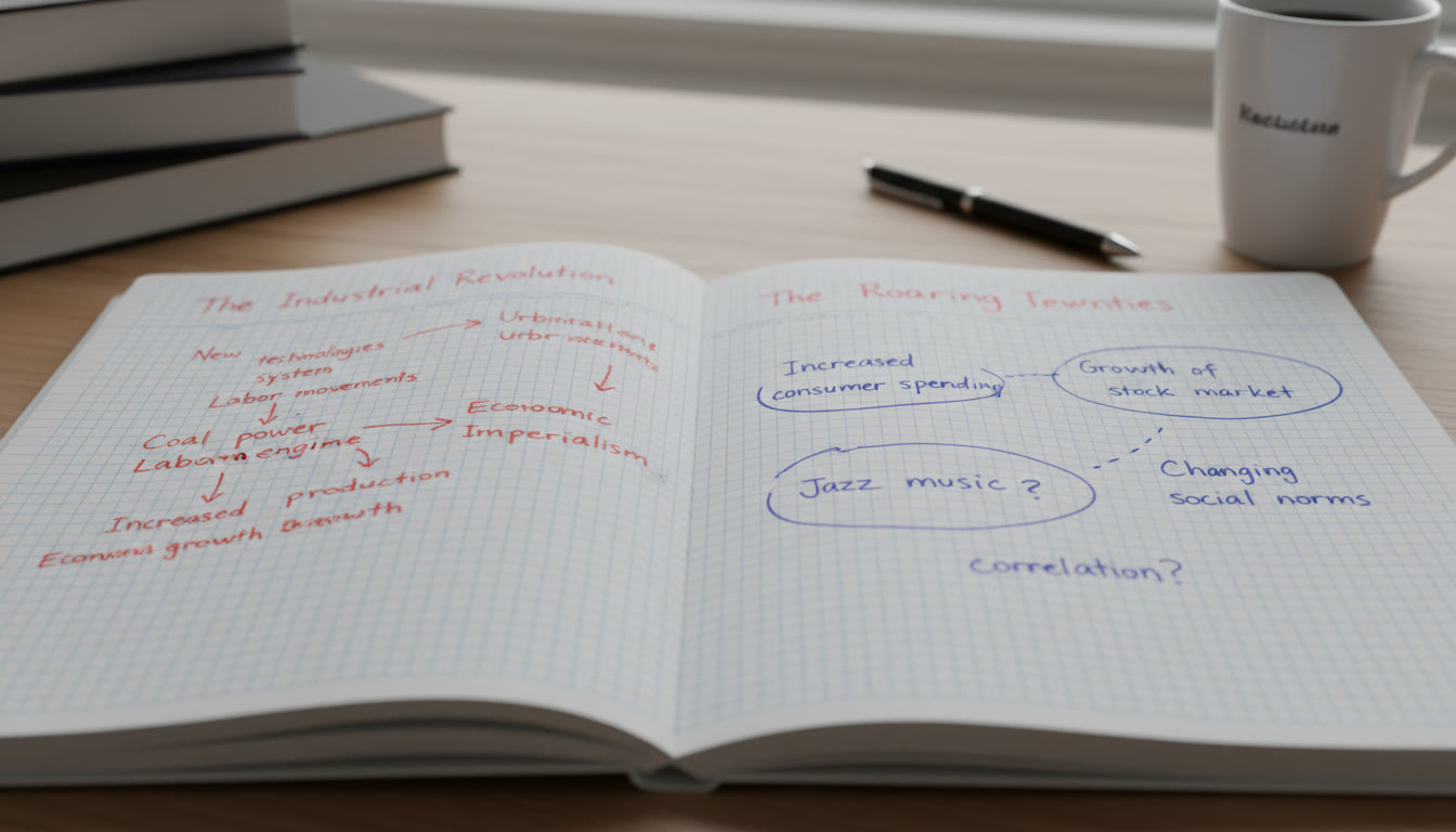 Photo Idea : Close-up of two student essays side-by-side, one annotated with arrows showing causal chains and the other circled where correlation is claimed—an image that contrasts weak and strong historical reasoning.