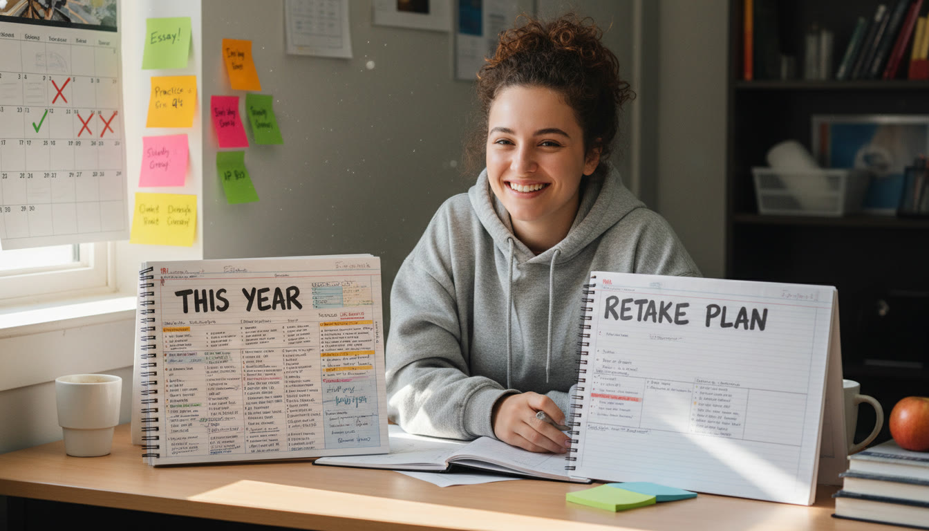 Photo Idea : A student at a desk with two open notebooks — one labeled 