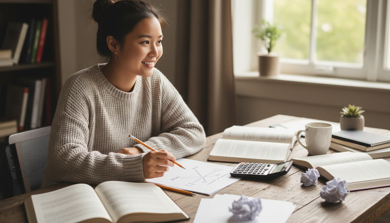 Photo Idea : Student at a wooden desk with scattered notes and a graphing calculator, mid-thought while sketching a sequence and series on paper โ warm natural light, candid and focused.
