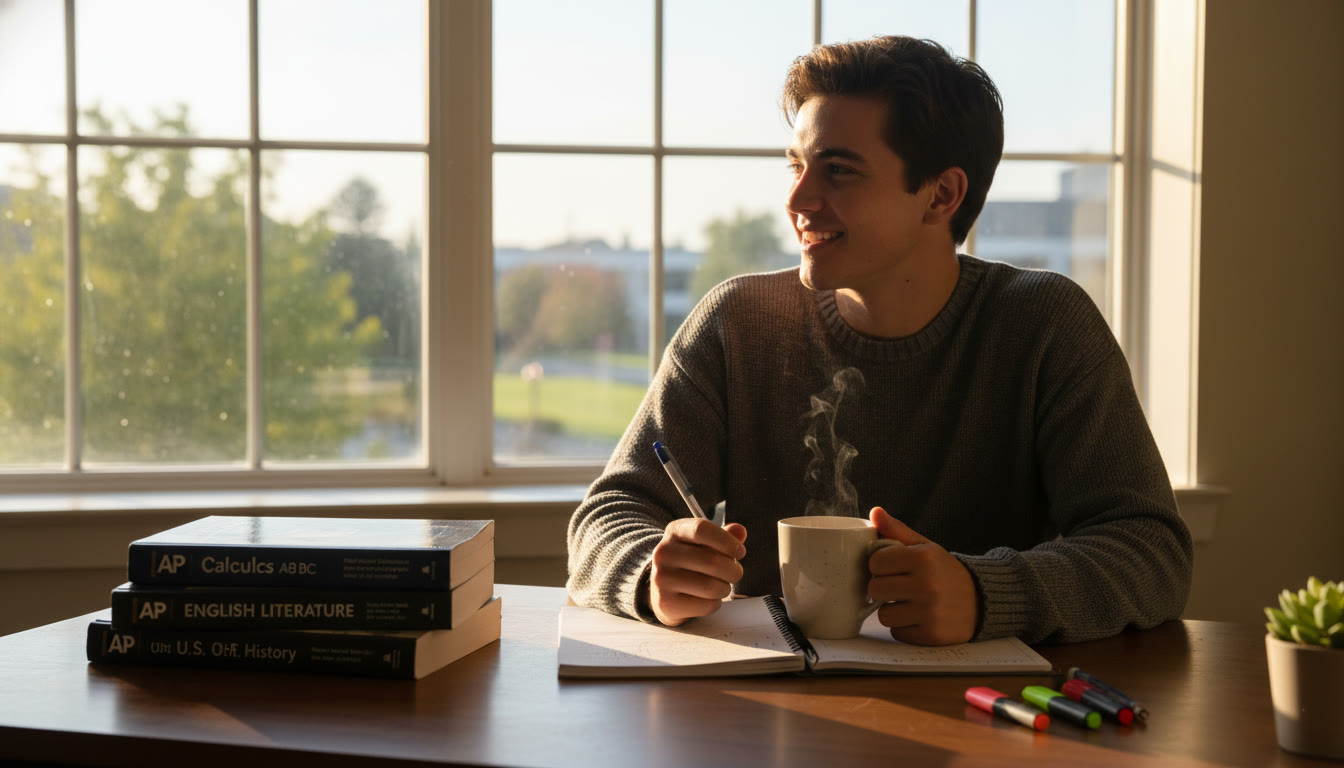 Photo Idea : A warm, candid photo of a student at a window desk with AP textbooks, a notebook open with gentler handwriting, and a steaming mug—soft morning light suggesting a calm start rather than frantic all-nighter.