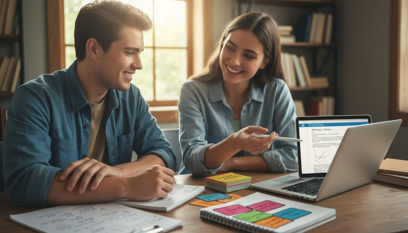 Photo Idea : A cheerful image of a tutor and student working over a laptop, with flashcards and notes visible; the scene should show collaboration and focus—ideal to illustrate calm, effective tutoring sessions.