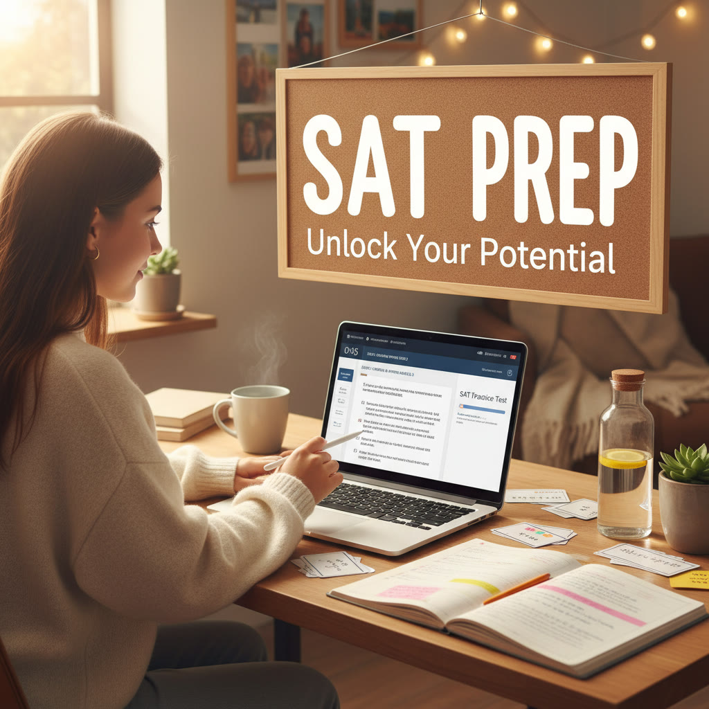 Photo Idea : An image of a student taking a timed digital practice test on a laptop in a cozy study space with notes and a water bottle — focused but calm.