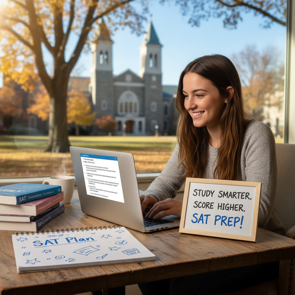Photo Idea : A student studying on a laptop at a cozy table with Villanova campus imagery in the background — sunny fall day, textbooks, and a notebook labeled “SAT Plan”.