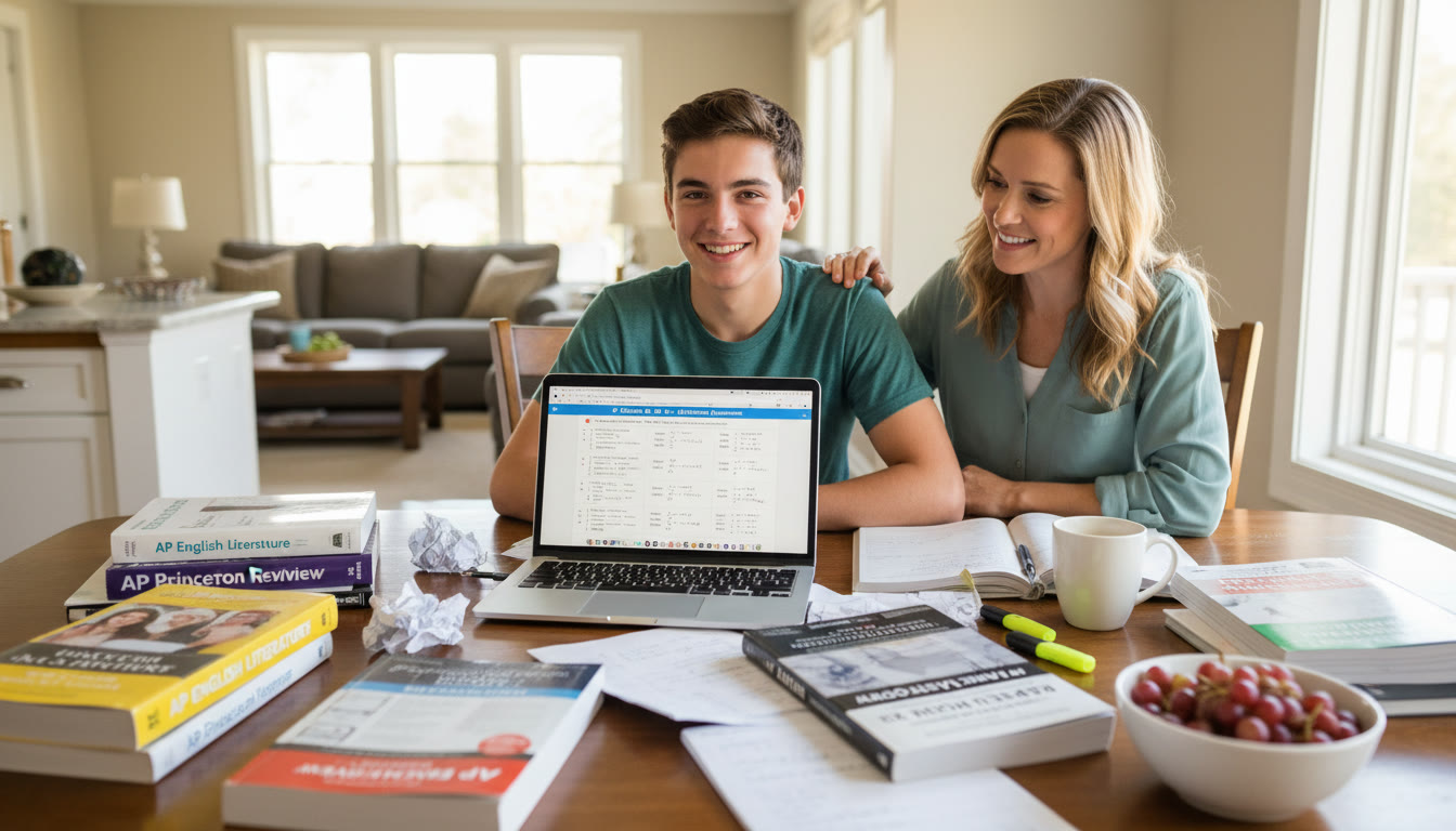 Photo Idea : A bright, approachable photo of a high school student studying at a dining table with scattered AP prep books, a laptop displaying practice problems, and a parent leaning in supportively—captures the collaboration and persistence of AP preparation.