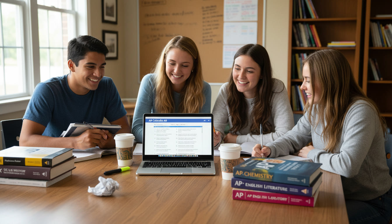 Photo Idea : A diverse group of high school students studying together with AP prep books and a laptop displaying practice questions; natural lighting, collaborative atmosphere—places the reader in a relatable prep scene in the top portion of the article.