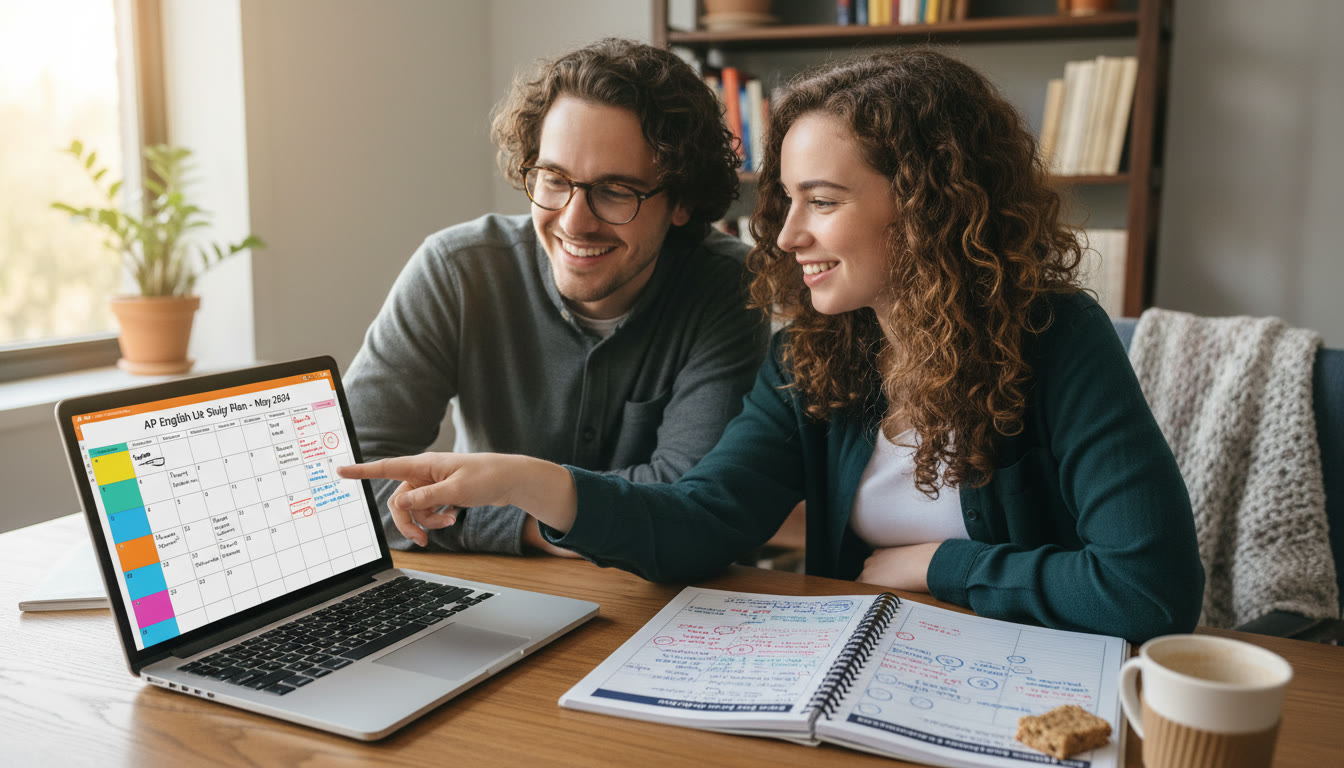 Photo Idea : A student and a tutor working over a laptop, with a Sparkl-style calendar and annotated practice test. Visual elements: friendly interaction, clear study plan on screen, relaxed but focused atmosphere.
