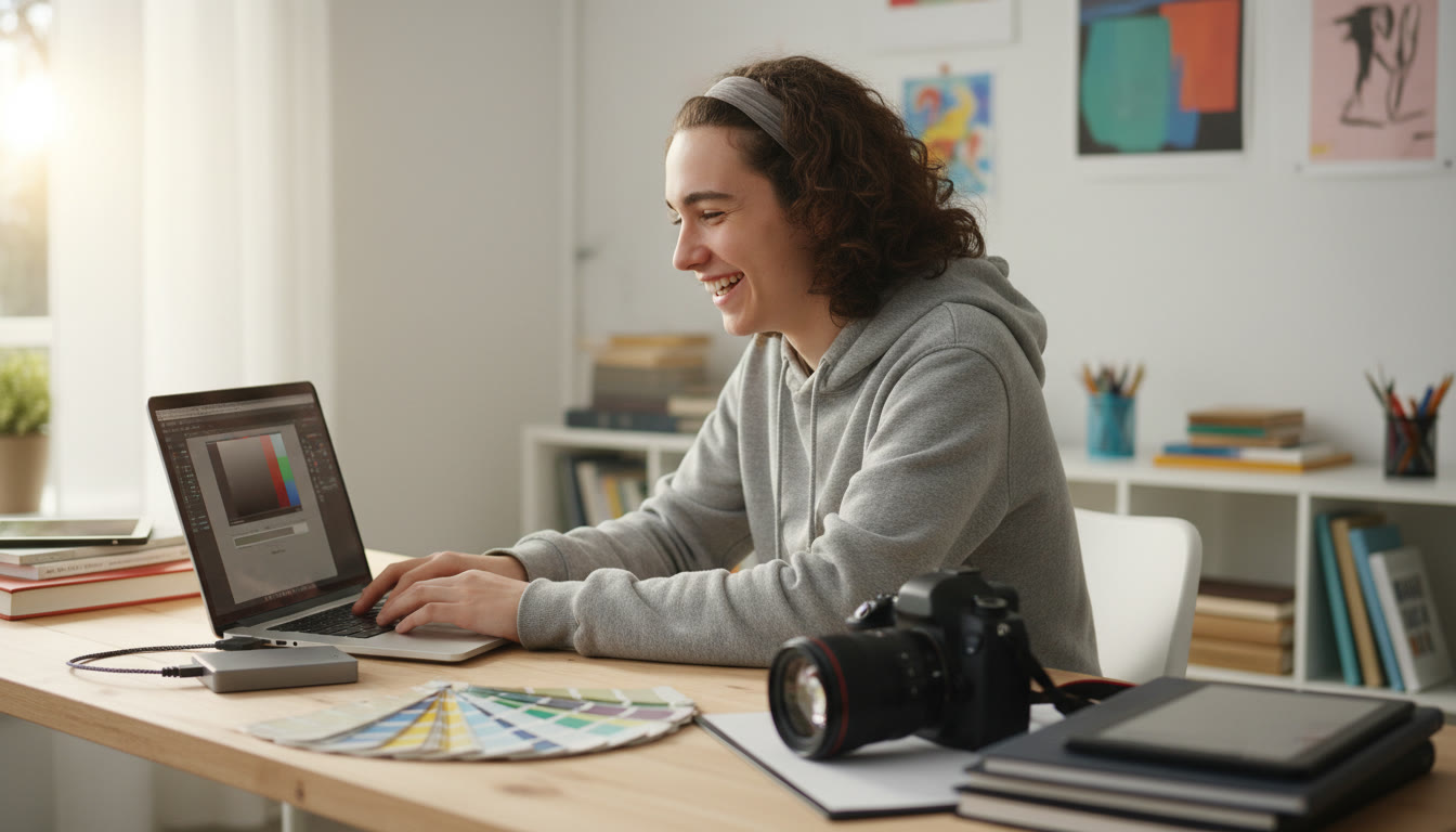 Photo Idea : A student at a desk with a laptop, color swatches, an external hard drive, and a camera nearby — showing the practical setup used when preparing files for upload.