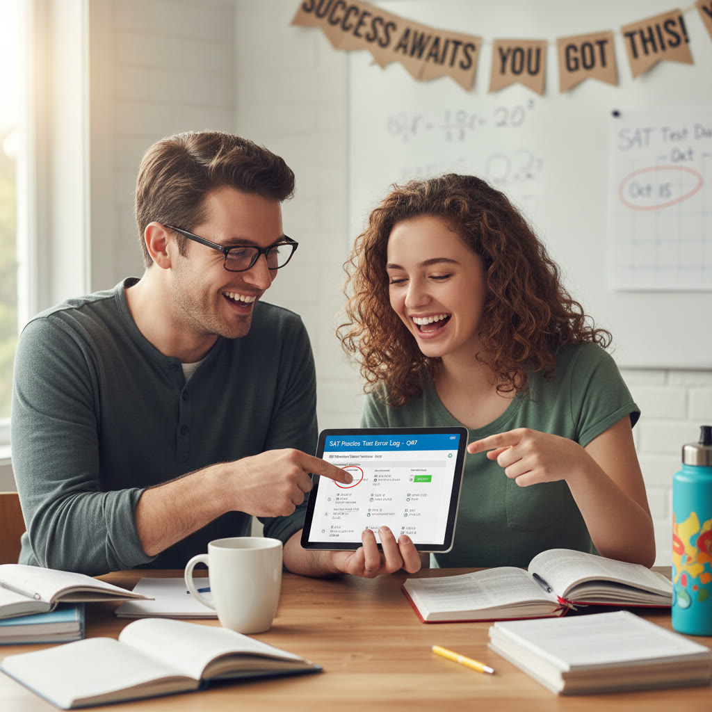 Student and tutor reviewing an error log together, pointing at a practice test on a tablet