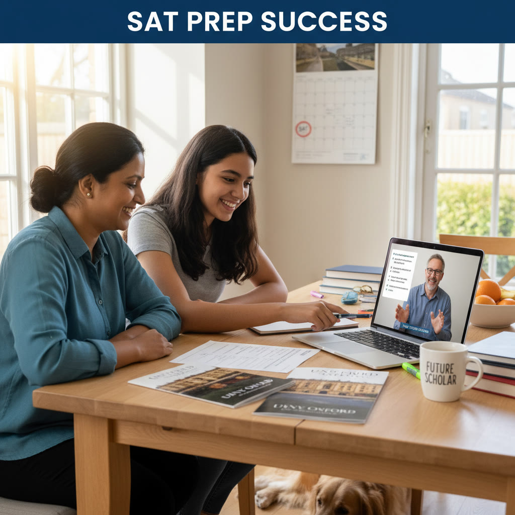 Photo Idea : A parent and student reviewing an application checklist together at a kitchen table with Oxford brochures, a laptop showing a practice question, and a tutor joining via video call.