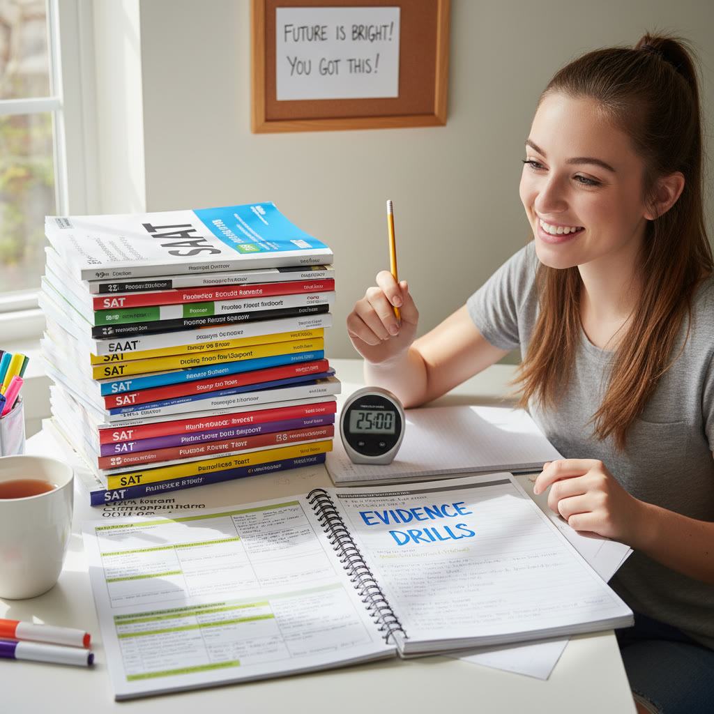 Stack of practice test booklets and a notebook labeled 
