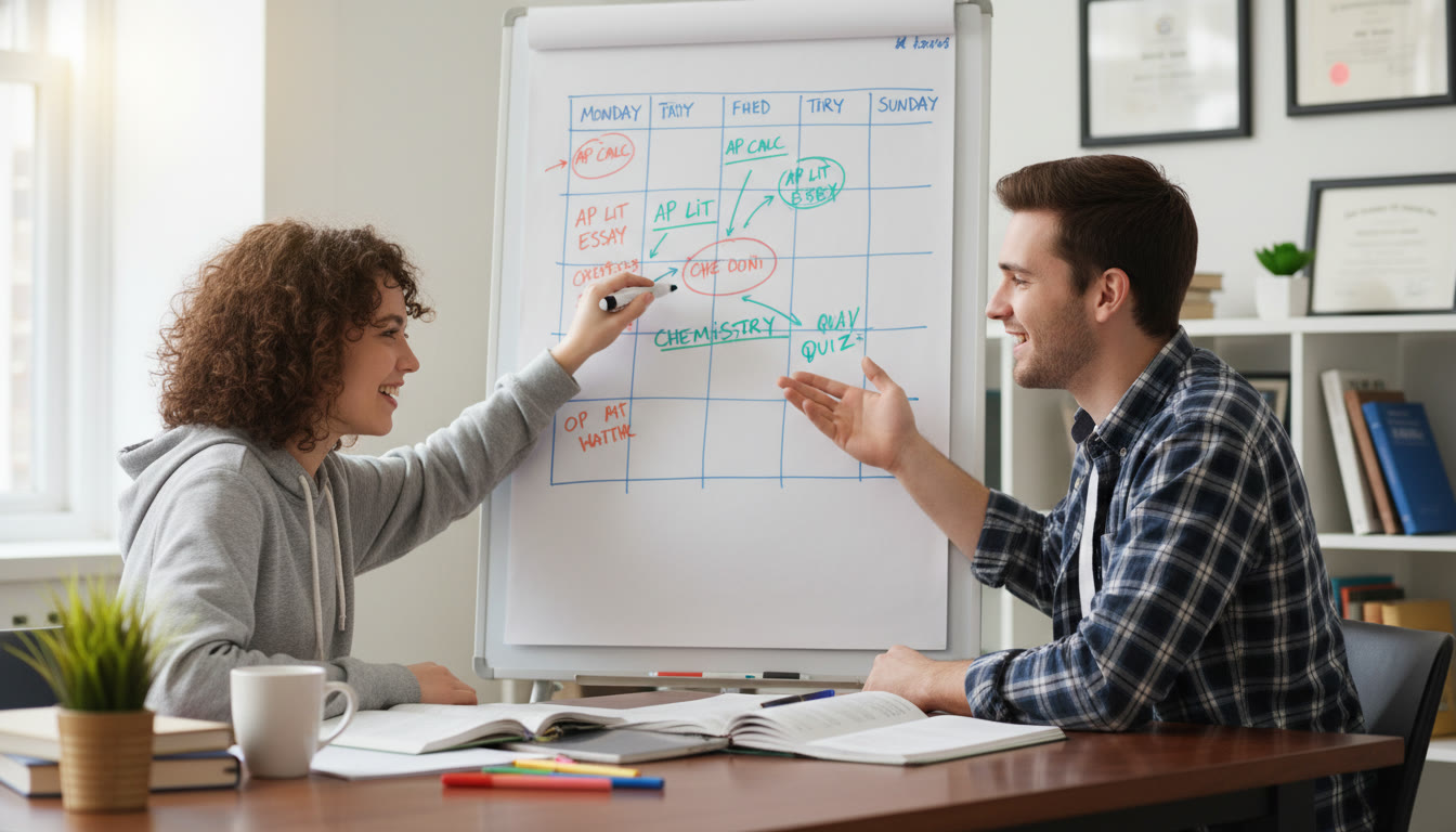 Photo Idea : A student and a tutor (or peer) seated at a desk with a whiteboard planning a weekly study map. The image should feel collaborative and encouraging, showing one-on-one guidance and a tangible study plan being sketched out.