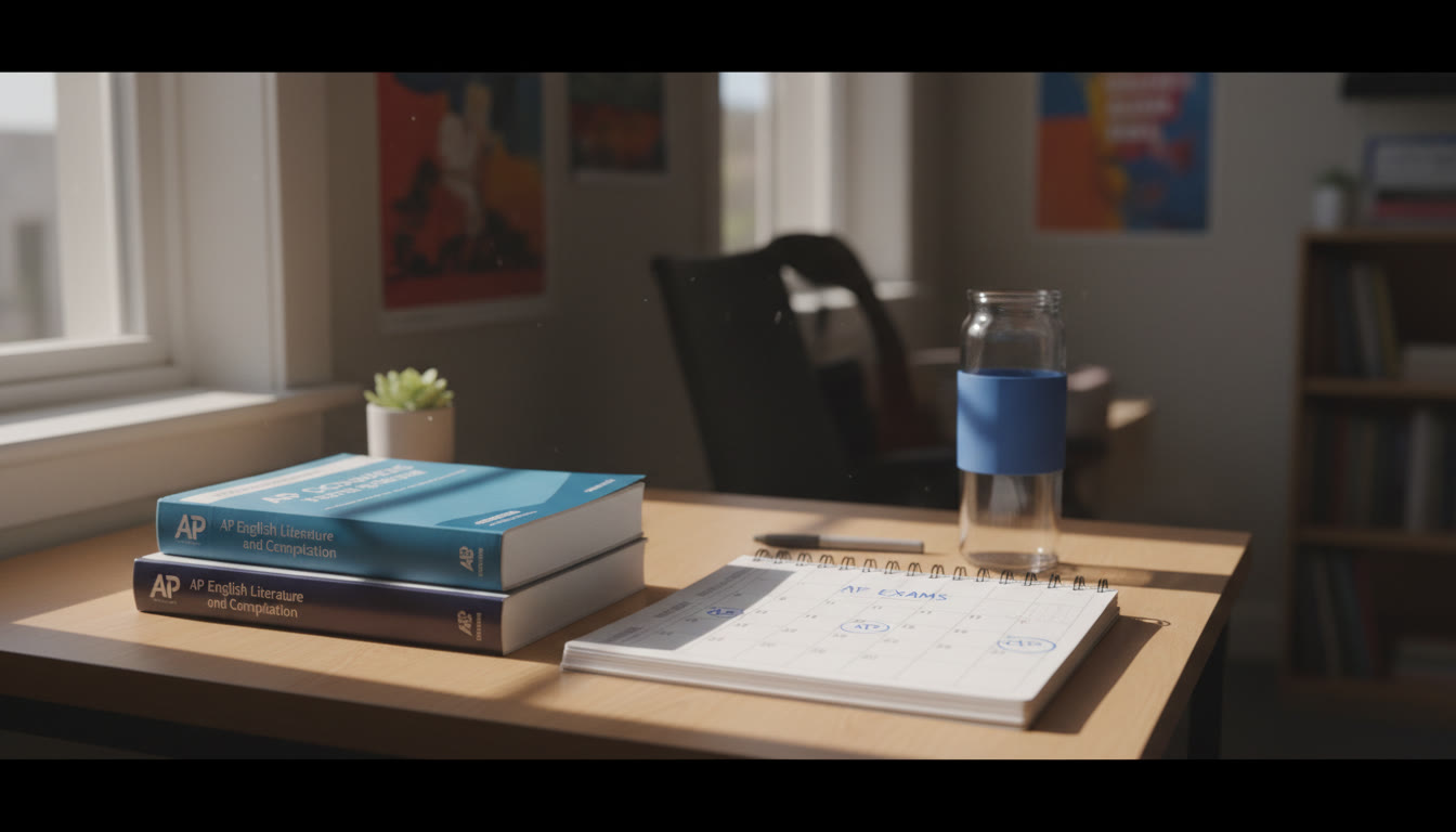 Photo Idea : A calm, sunlit study desk with two neatly stacked AP prep books, a planner open to May, and a reusable water bottle — evokes organization and readiness.