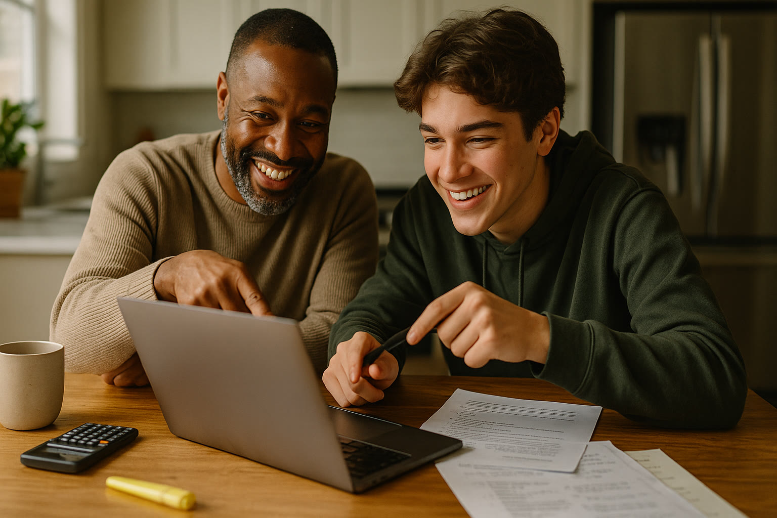 Photo Idea : A parent and teen sitting at a kitchen table with a laptop, a printed practice test, and notes spread out, both smiling and pointing at the screen.