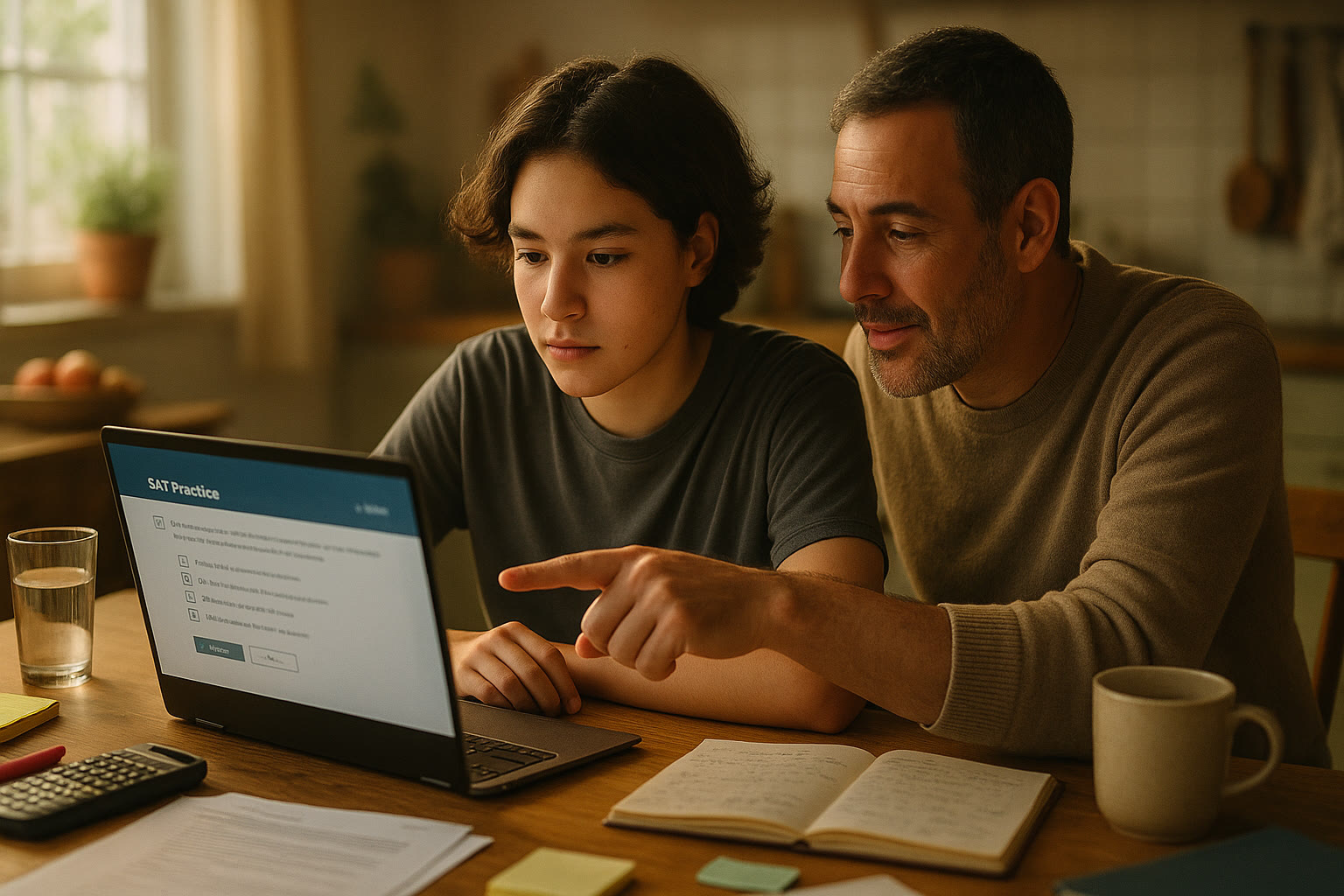Photo Idea : A warm kitchen-table scene with a teen reviewing SAT practice on a laptop, a parent beside them pointing at the screen, and study notes spread out—captures family collaboration in test prep.