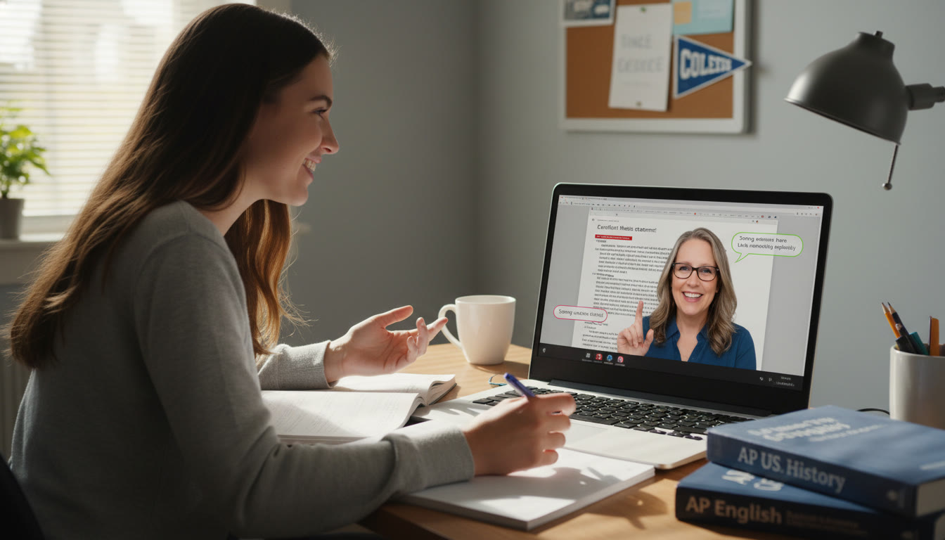 Photo Idea : A warm, candid shot of a student and an online tutor reviewing a practice AP essay together shows personalized feedback, encouragement, and the one-on-one nature of effective tutoring.