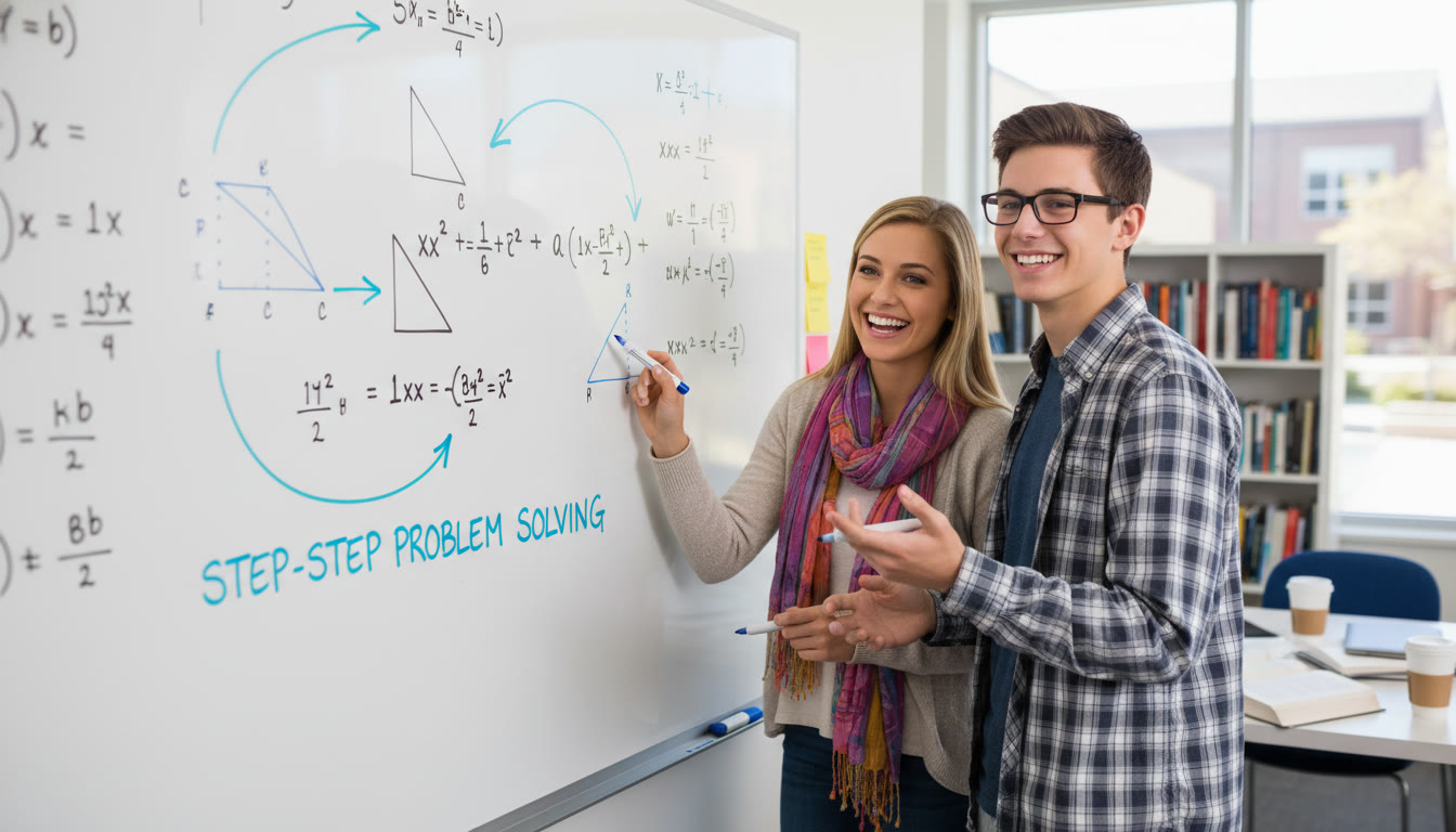 Photo Idea : A tutor and student working together over a whiteboard, arrows and equations visible — illustrating the benefit of personalized tutoring and step-by-step problem solving.
