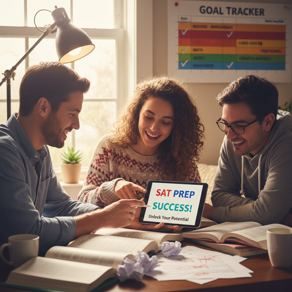 Photo Idea : Two students in a cozy study nook reviewing practice test results together, a tutor guiding them through mistakes on a tablet—warm lighting, candid expressions.